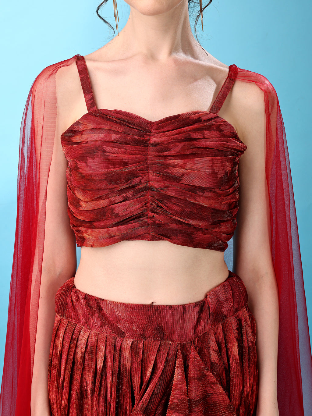 Dhoti-Style Paired Red lehenga Choli With Net Dupatta
