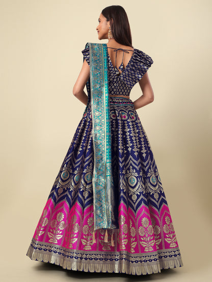 Women Blue Self Design Print Lehenga