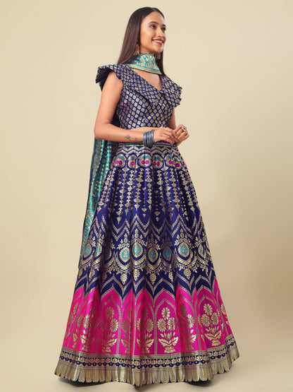 Women Blue Self Design Print Lehenga