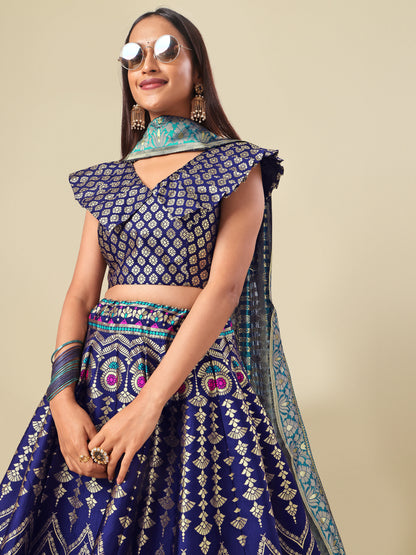 Women Blue Self Design Print Lehenga