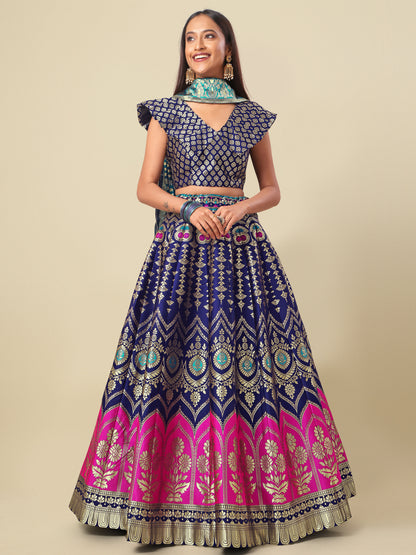 Women Blue Self Design Print Lehenga