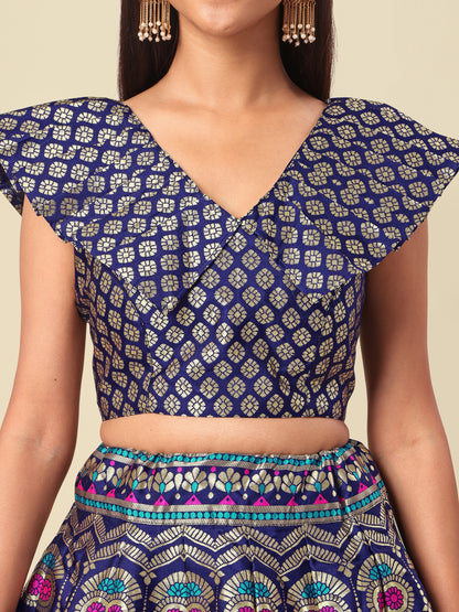 Women Blue Self Design Print Lehenga