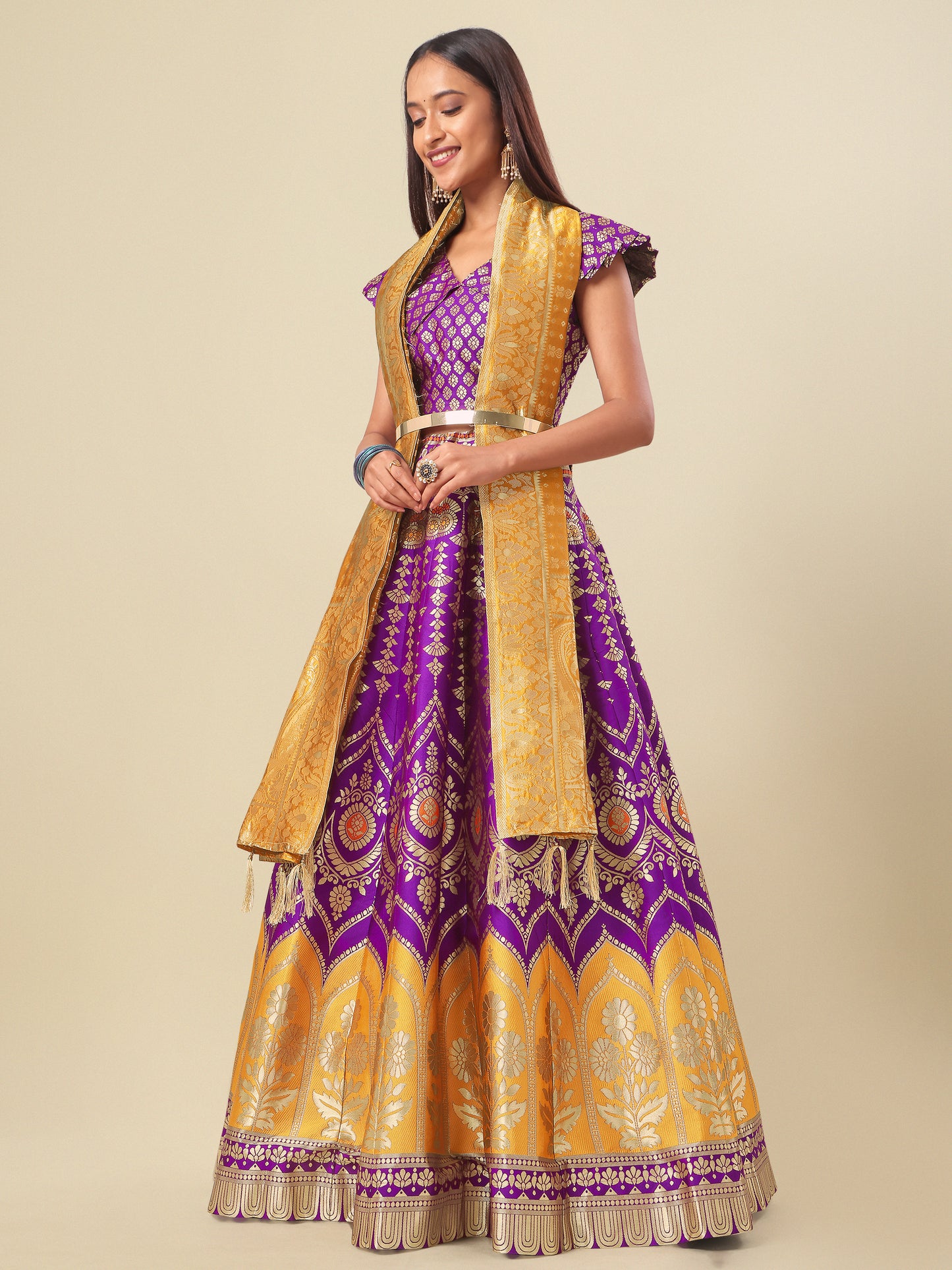 Women Purple Self Design Print Lehenga