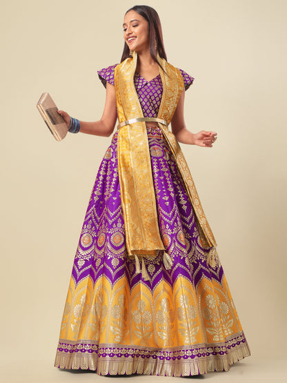 Women Purple Self Design Print Lehenga