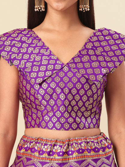 Women Purple Self Design Print Lehenga