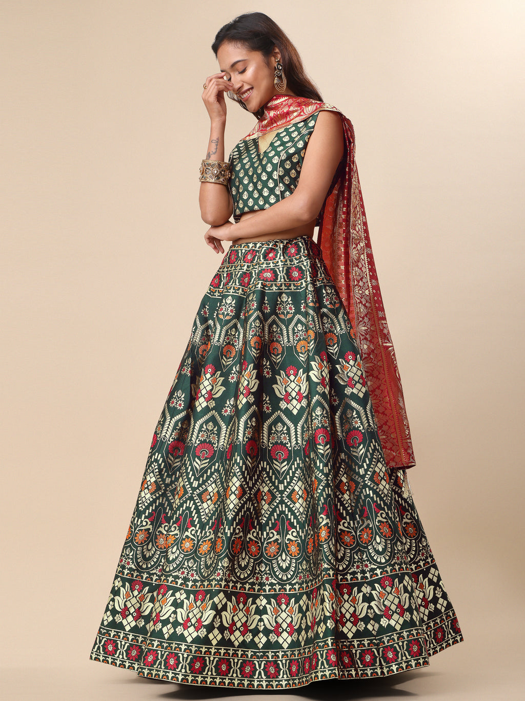 Women Green Floral Print Lehenga