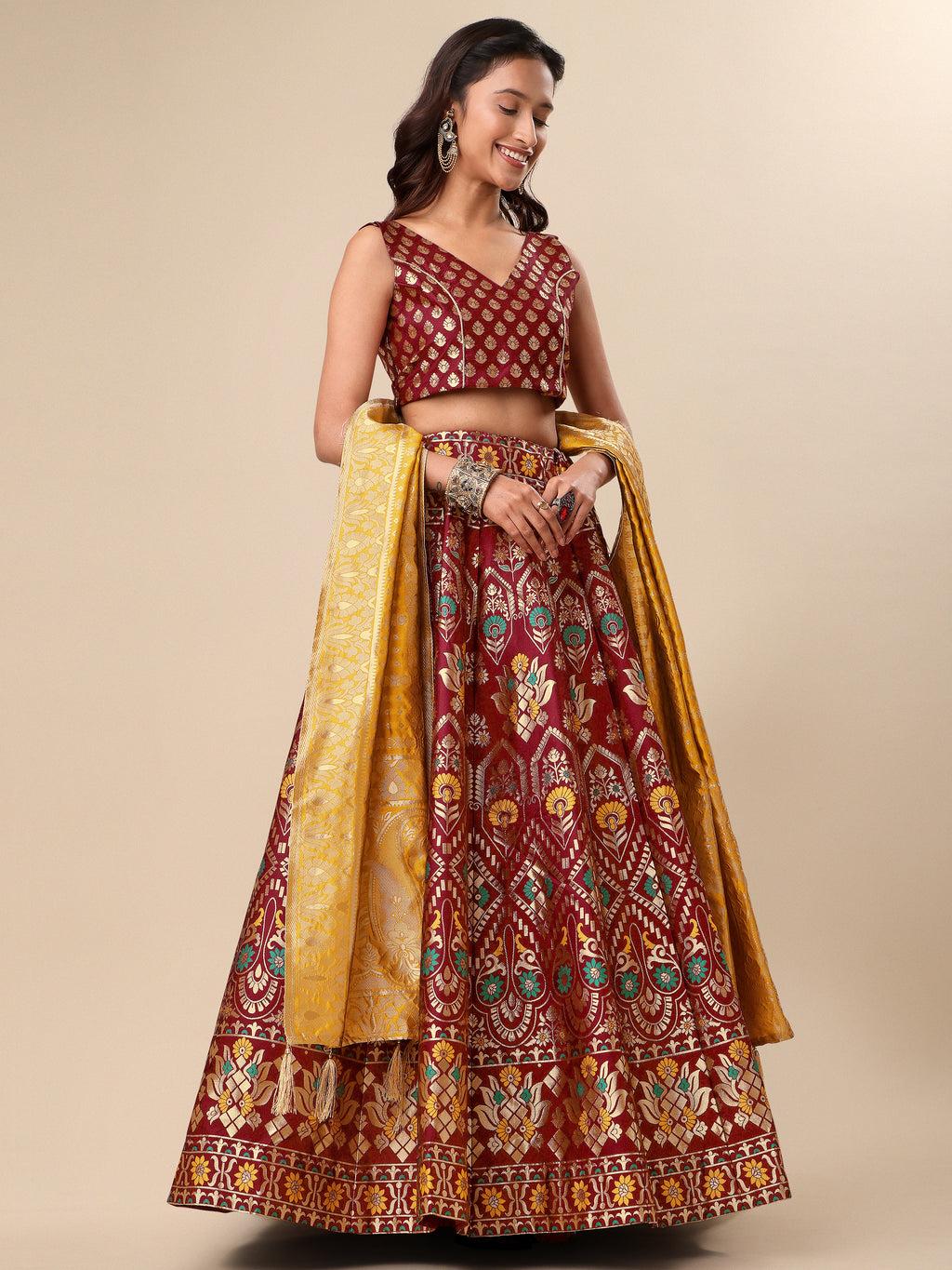 Women Maroon Floral Print Lehenga