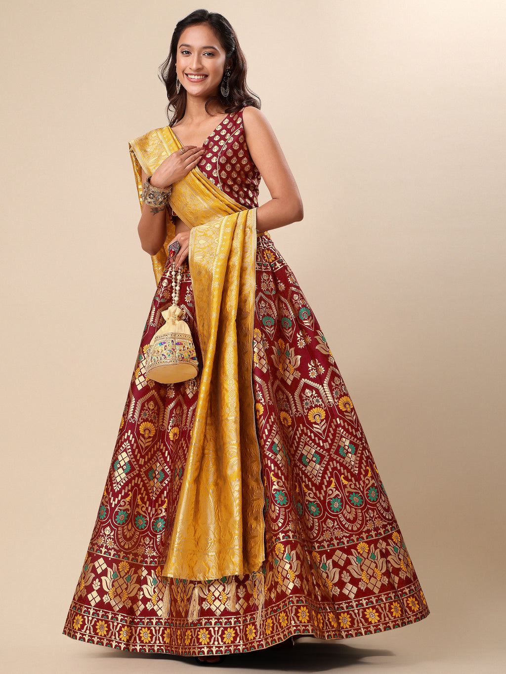Women Maroon Floral Print Lehenga