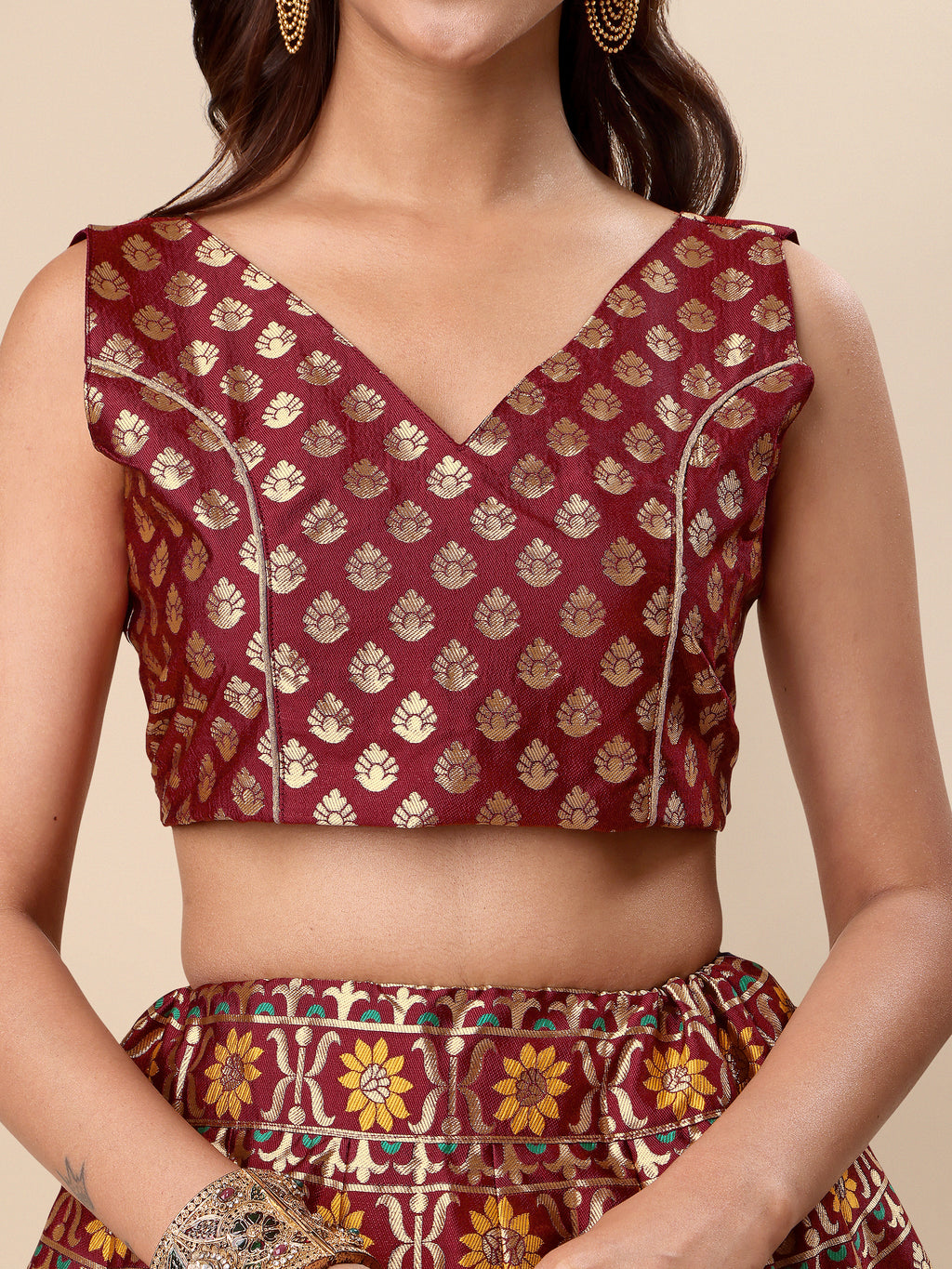 Women Maroon Floral Print Lehenga