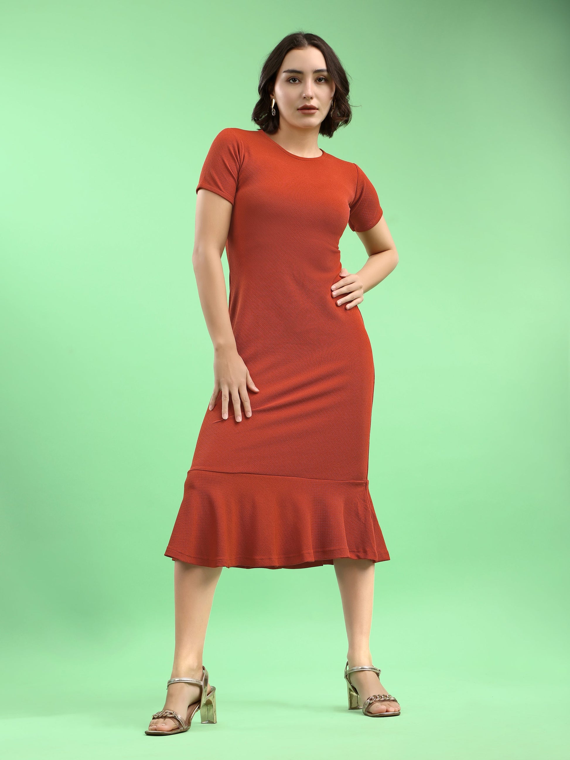 Bodycon Knee Length Regular Sleeves Round Neck Solid Dress