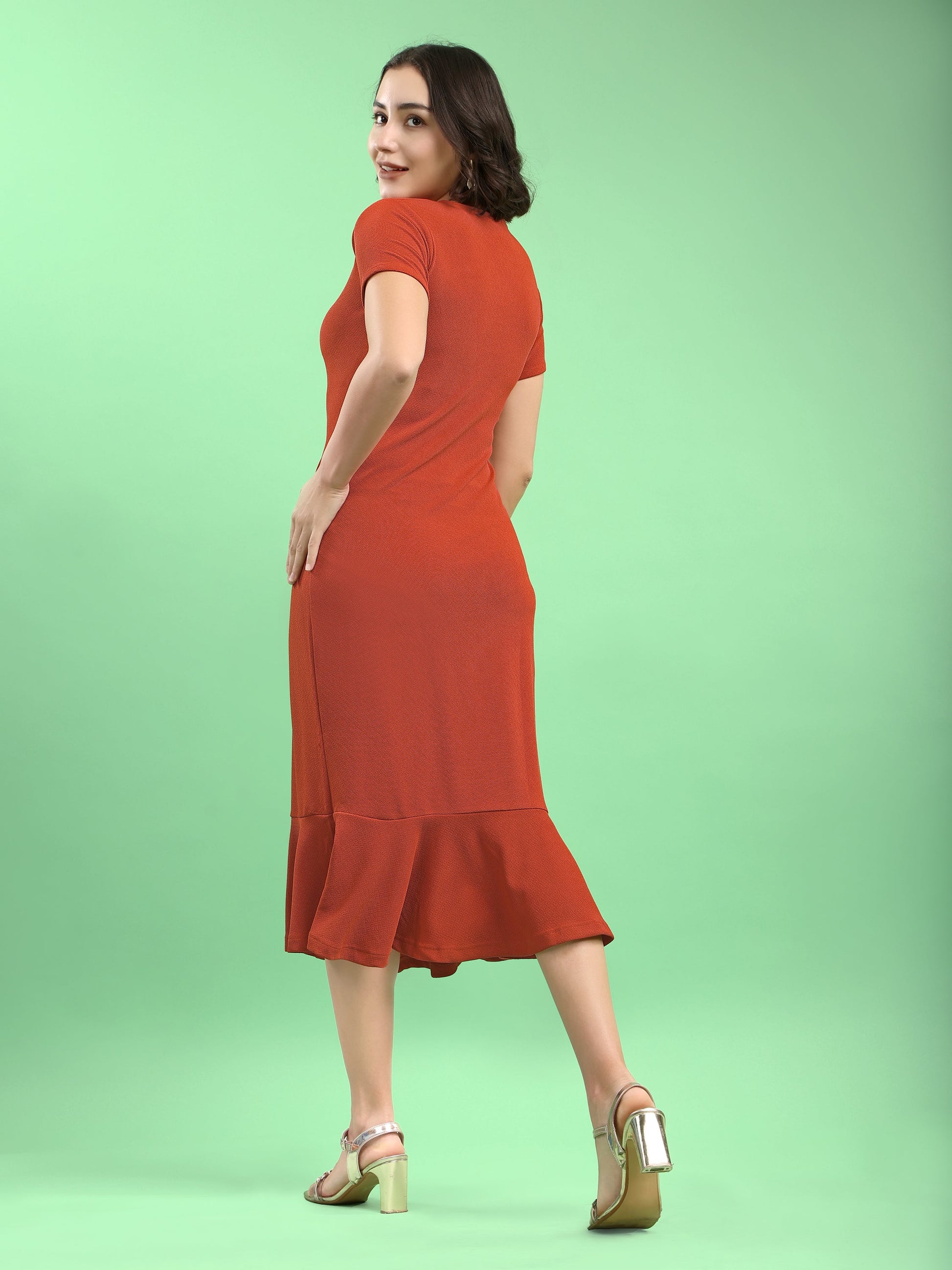 Bodycon Knee Length Regular Sleeves Round Neck Solid Dress