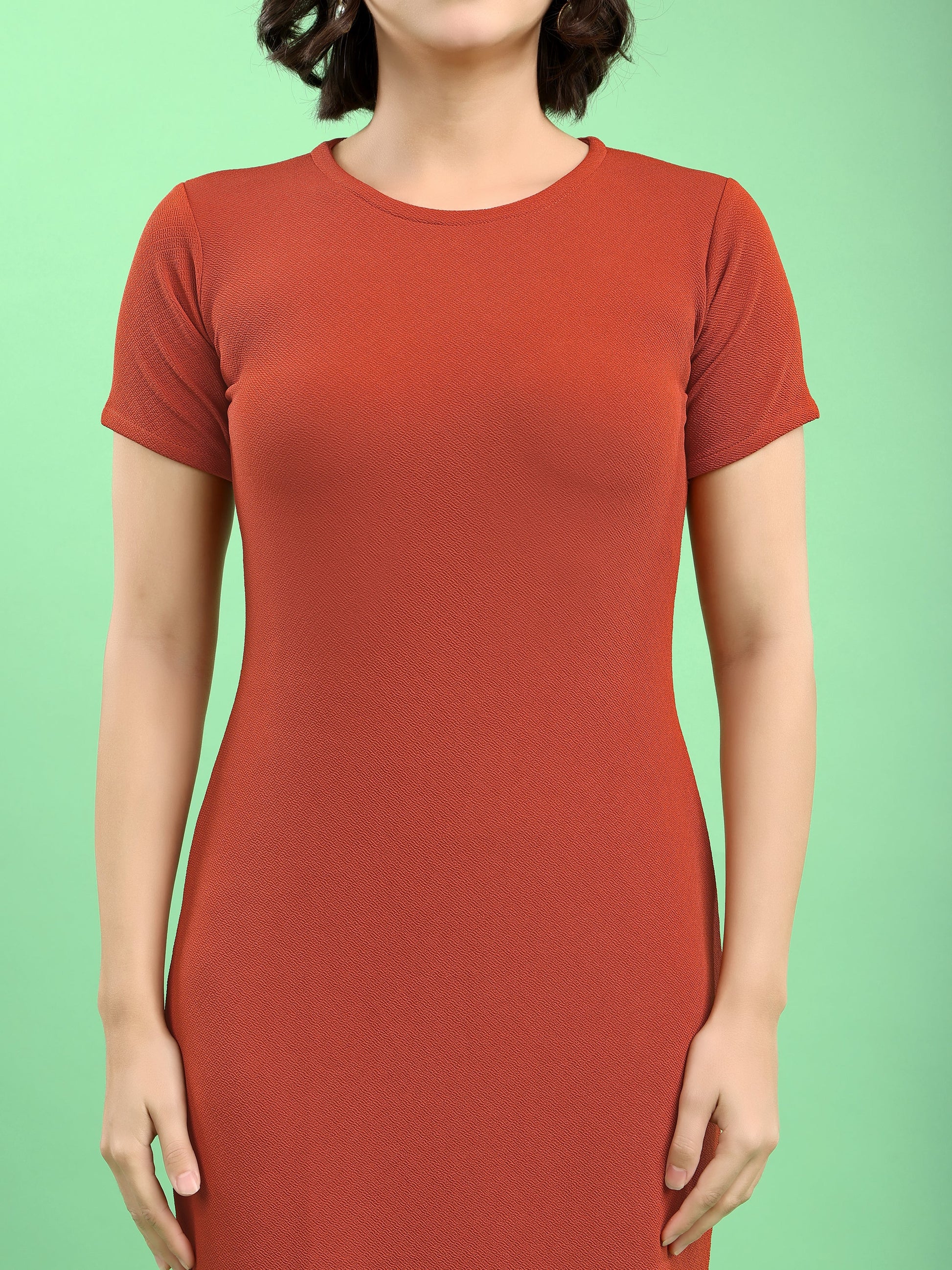 Bodycon Knee Length Regular Sleeves Round Neck Solid Dress