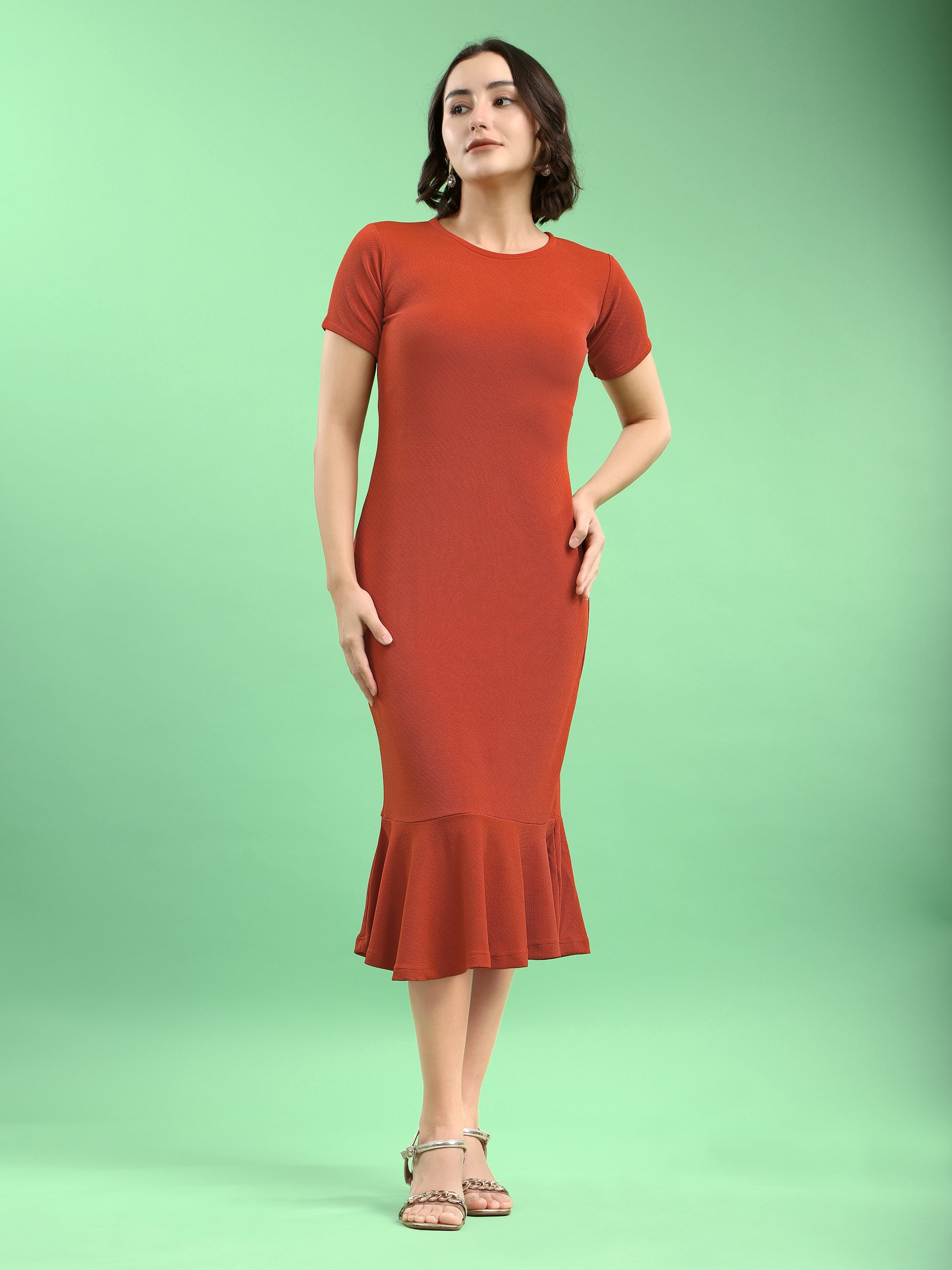 Bodycon Knee Length Regular Sleeves Round Neck Solid Dress