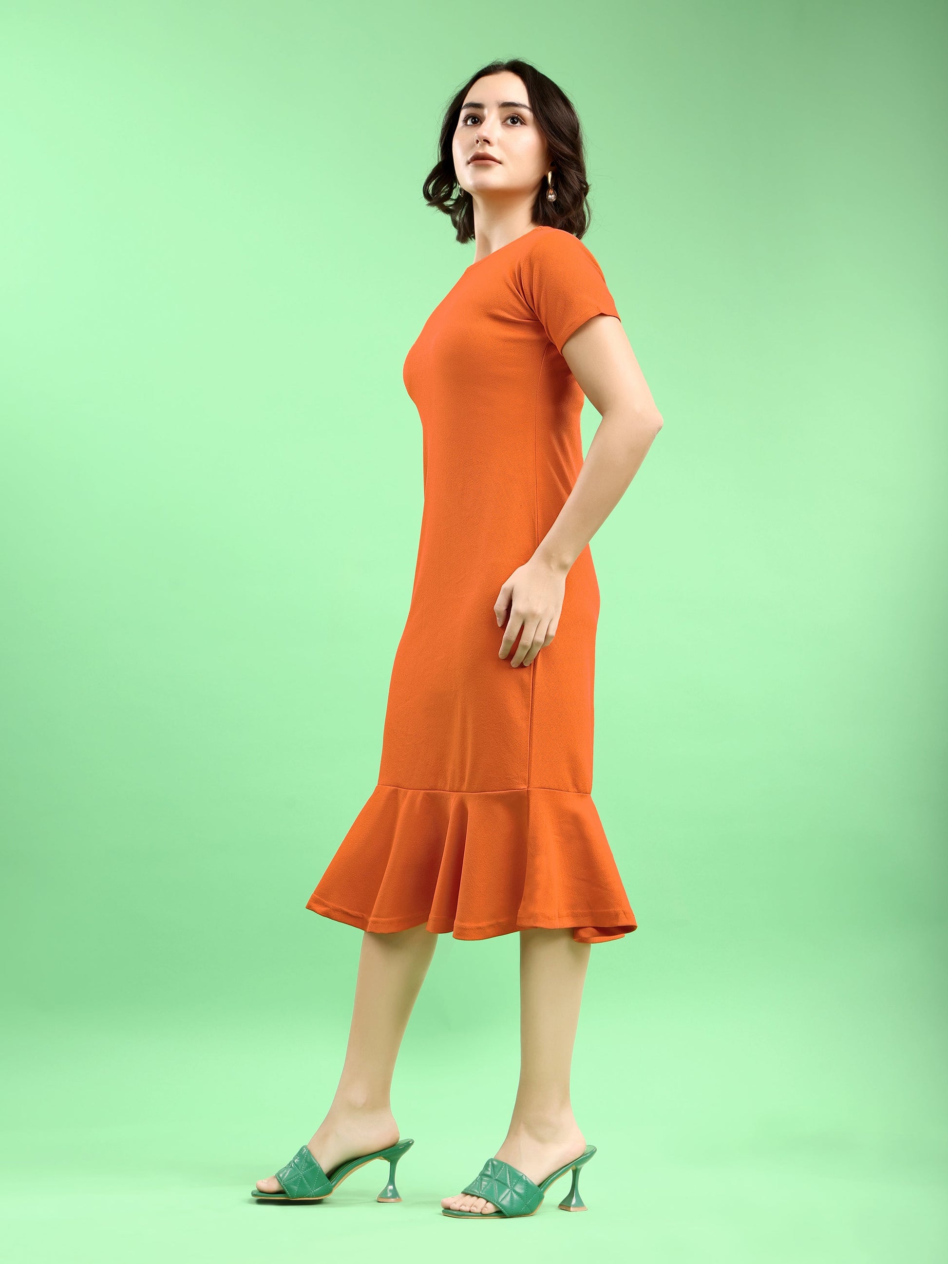 Bodycon Knee Length Regular Sleeves Round Neck Solid Dress