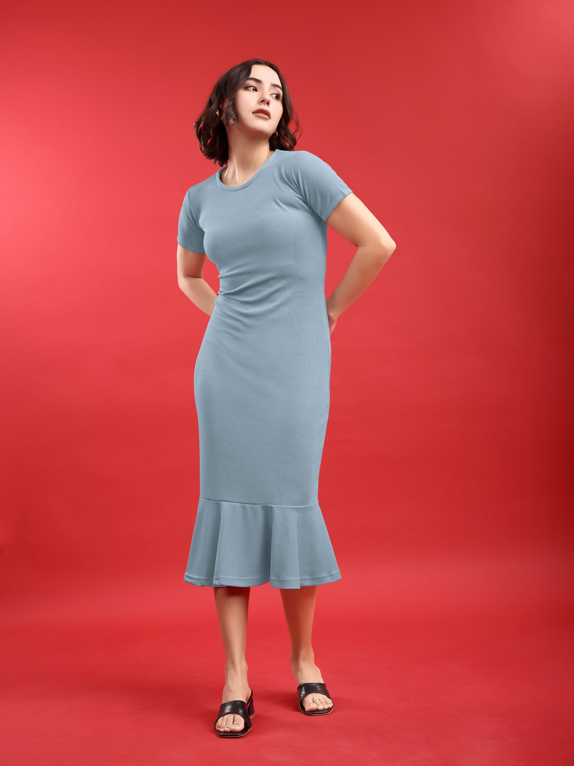 Bodycon Knee Length Regular Sleeves Round Neck Solid Dress