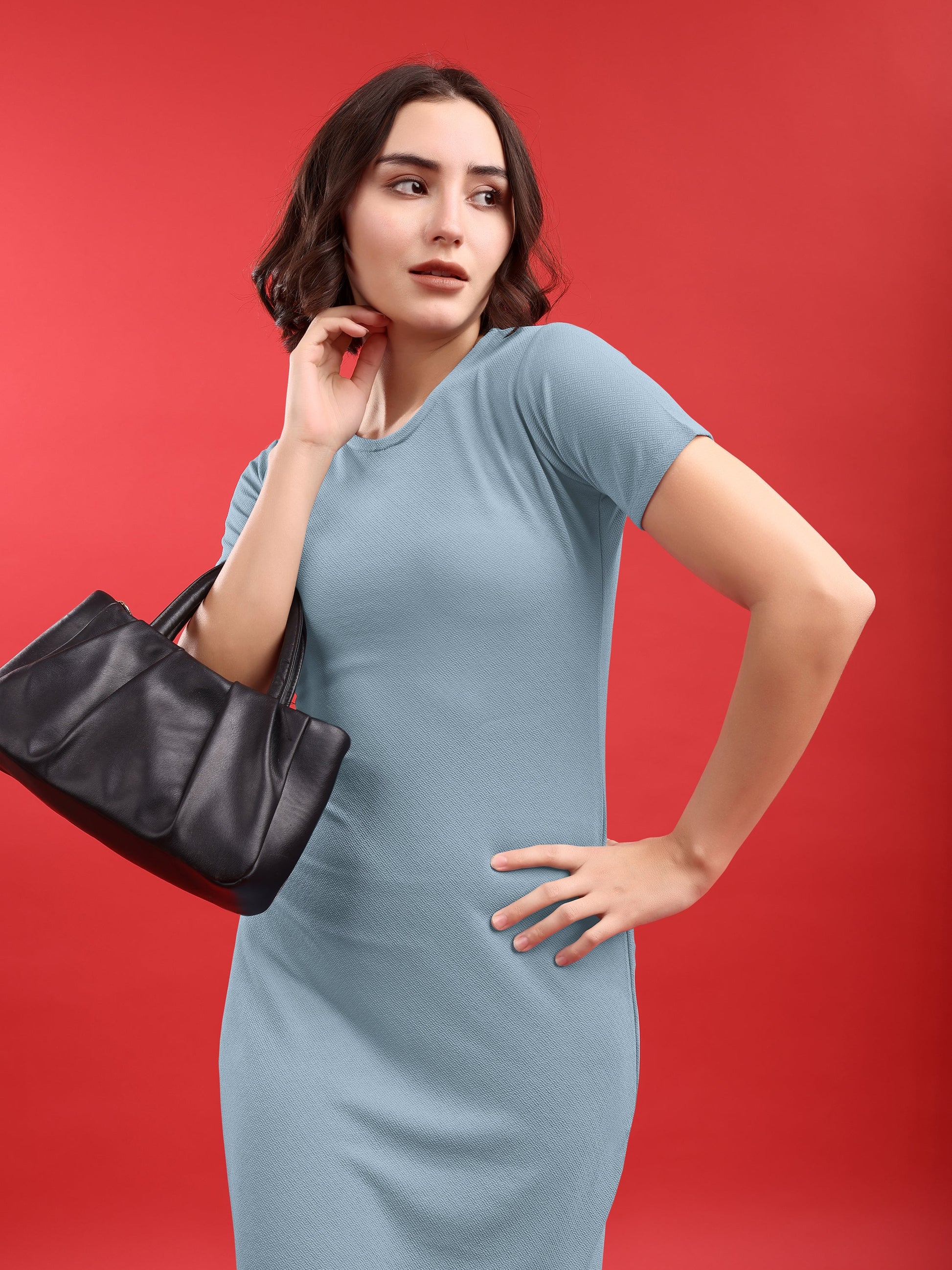 Bodycon Knee Length Regular Sleeves Round Neck Solid Dress