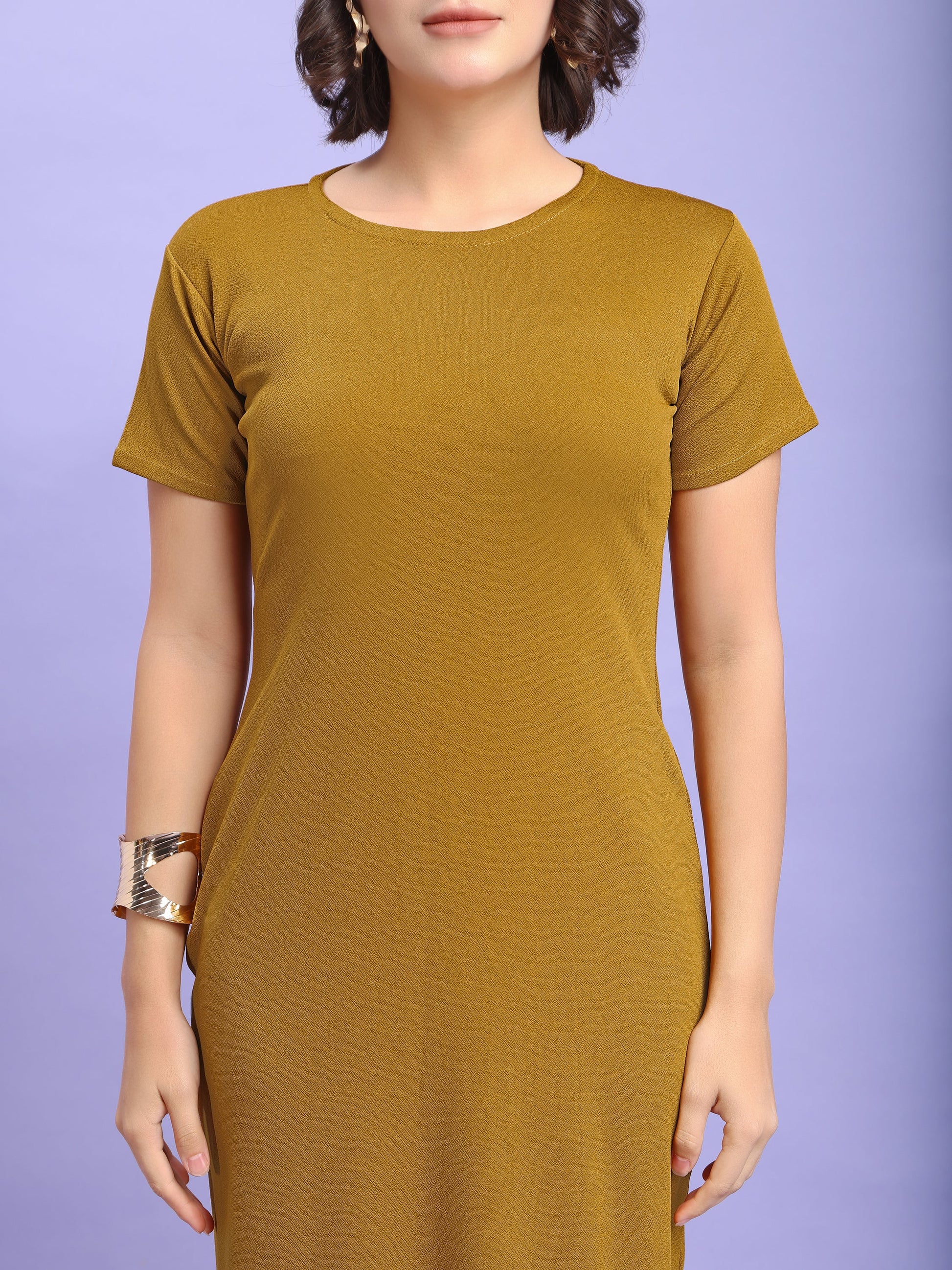 Bodycon Knee Length Regular Sleeves Round Neck Solid Dress