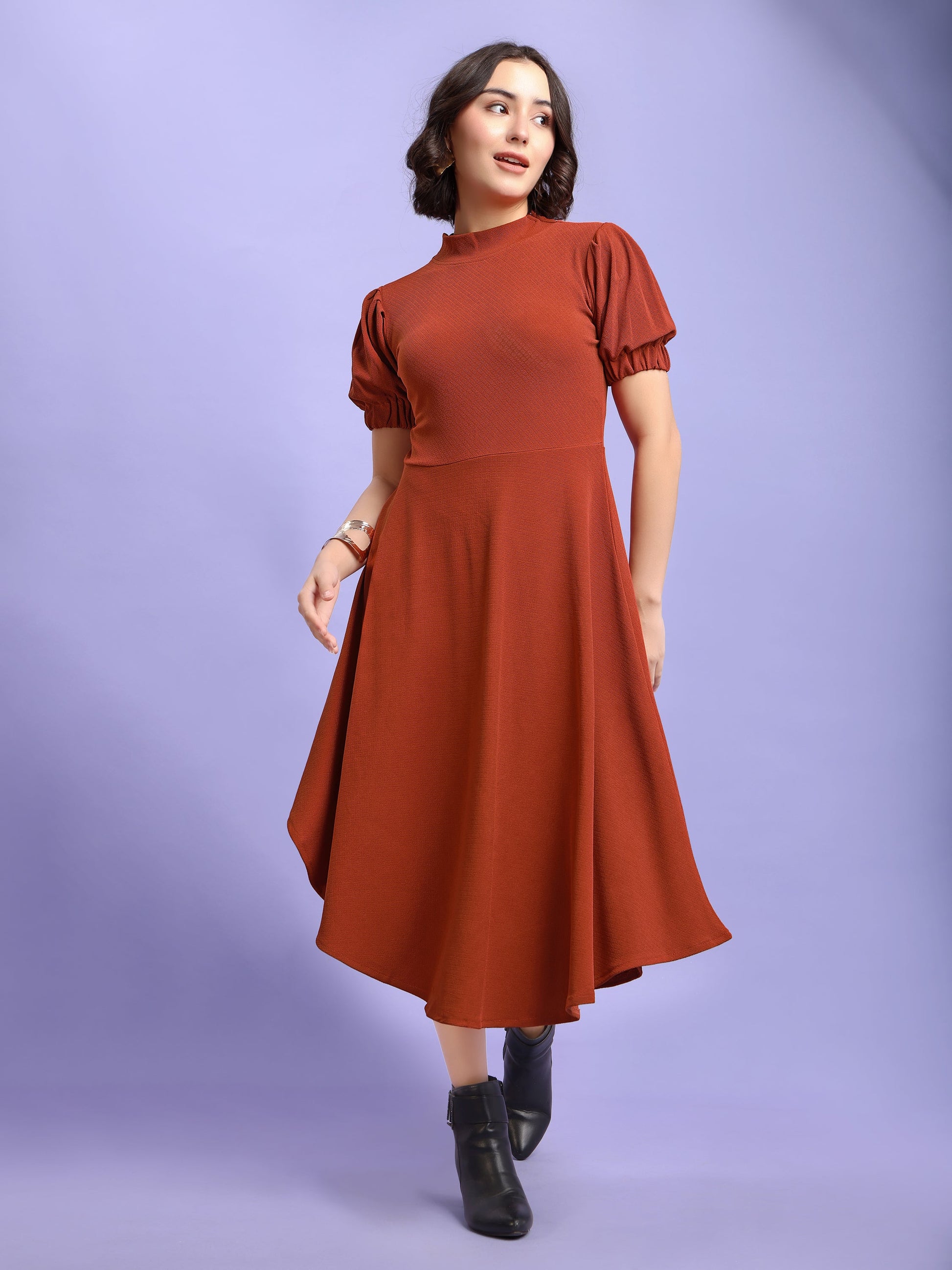 Asymmetric Knee Length Puff Sleeves High Neck Solid Dress