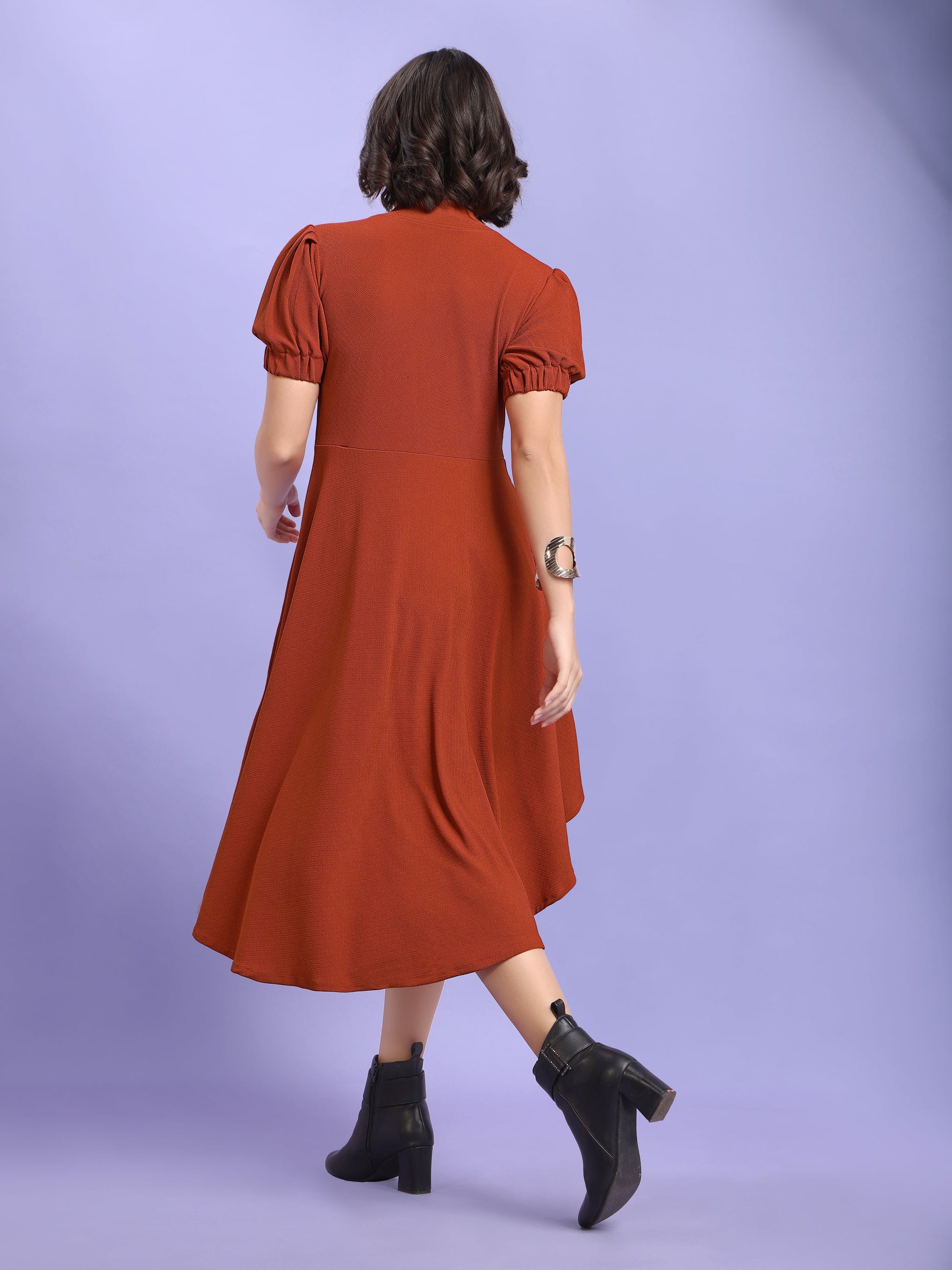 Asymmetric Knee Length Puff Sleeves High Neck Solid Dress