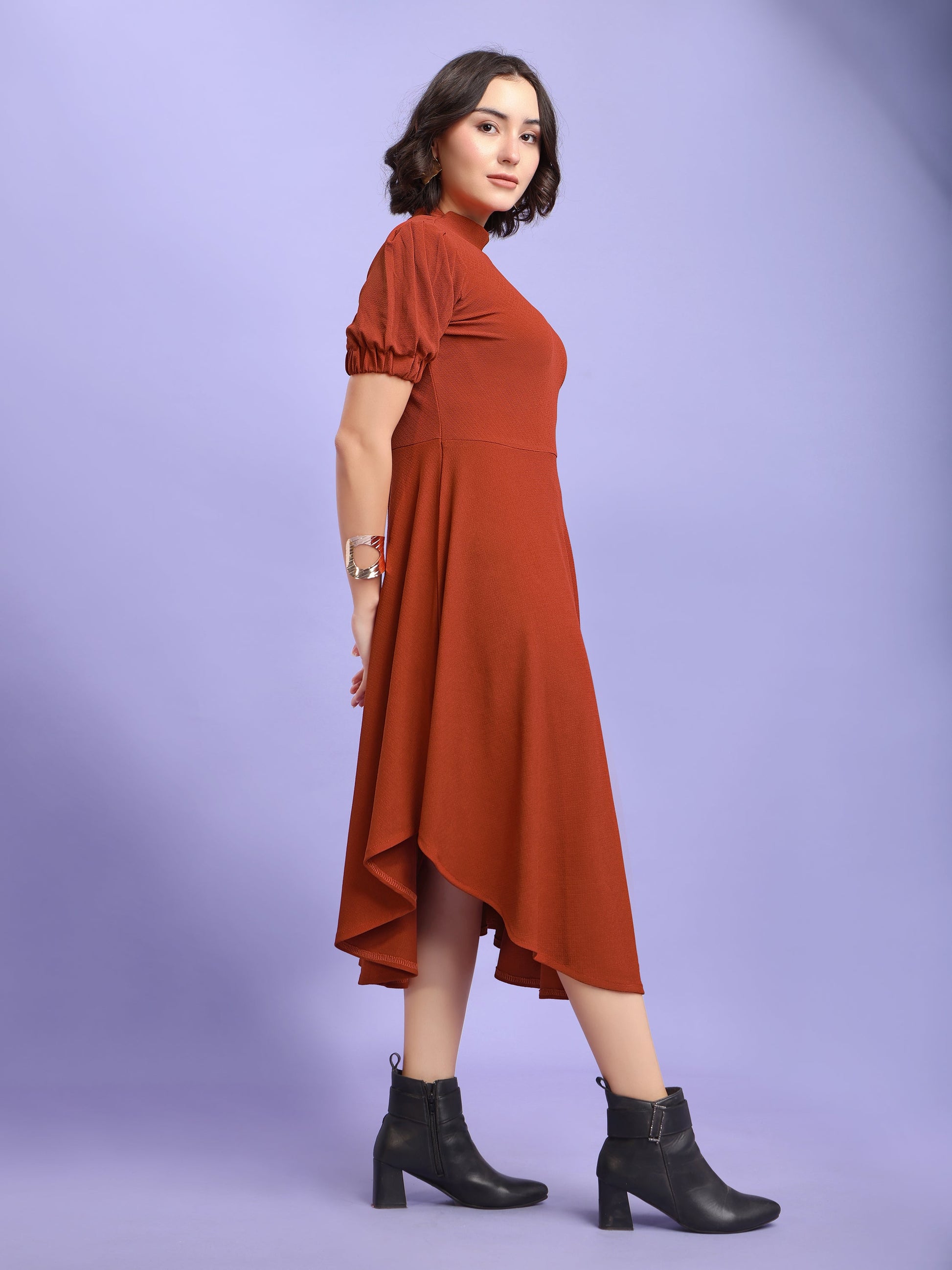 Asymmetric Knee Length Puff Sleeves High Neck Solid Dress