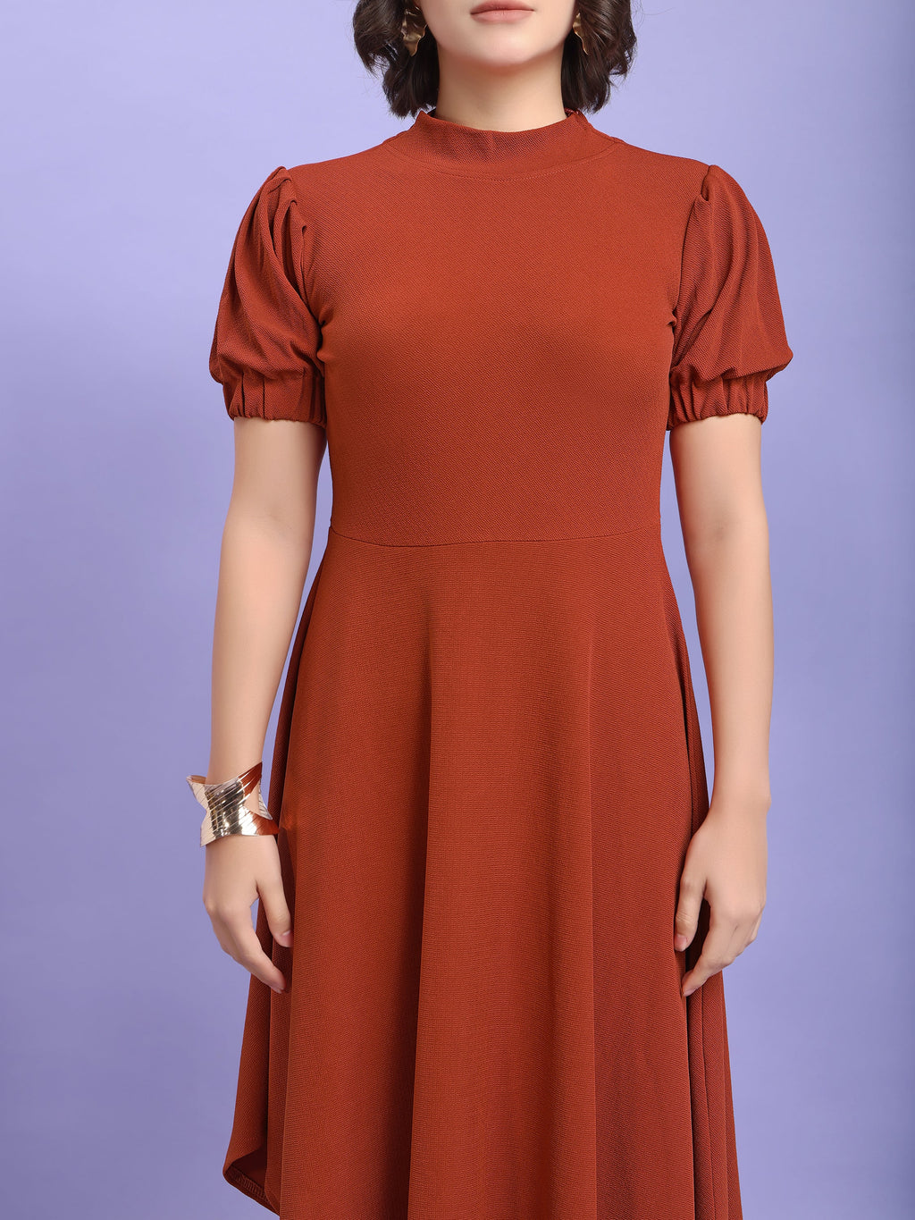 Asymmetric Knee Length Puff Sleeves High Neck Solid Dress