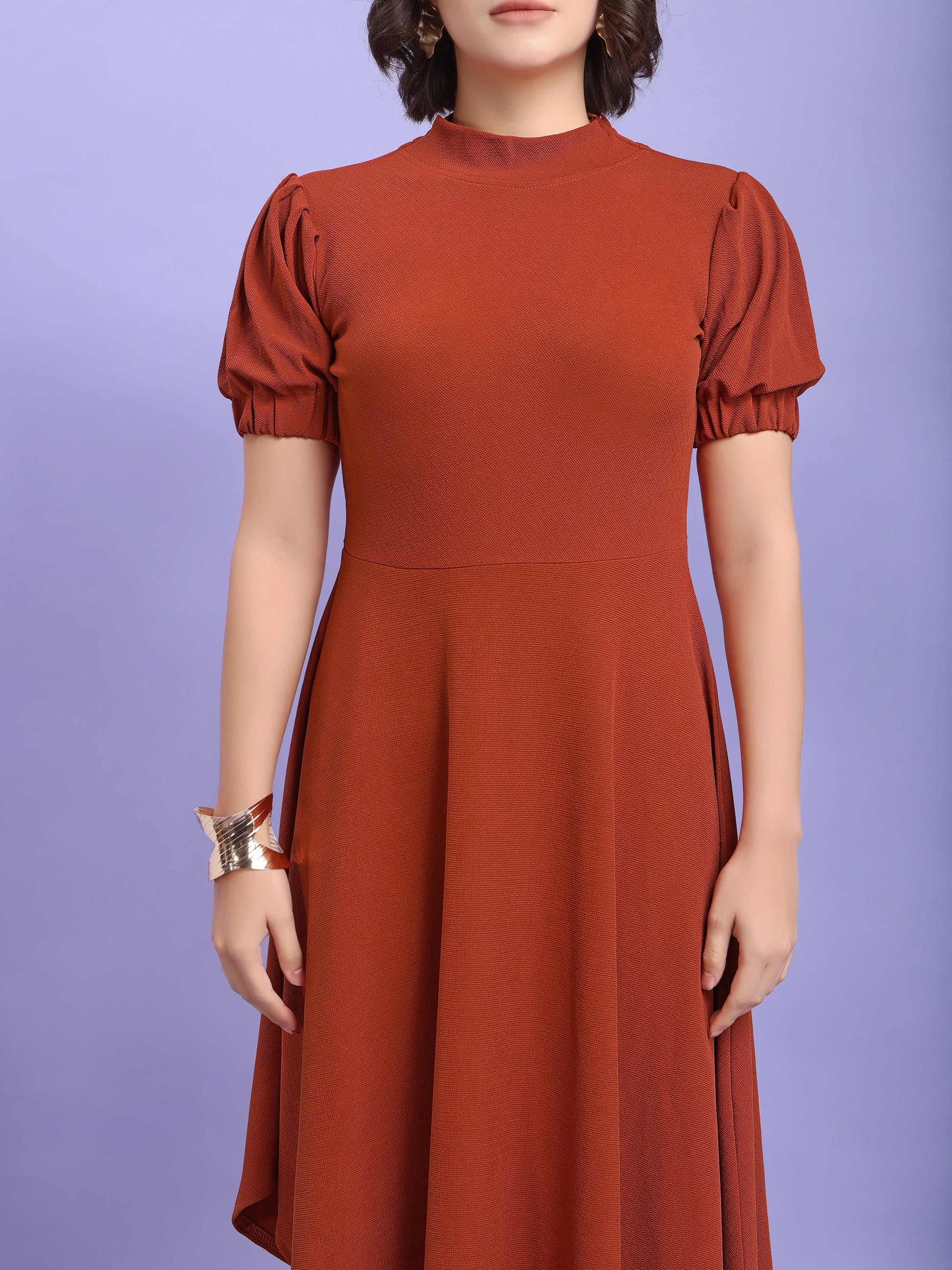 Asymmetric Knee Length Puff Sleeves High Neck Solid Dress