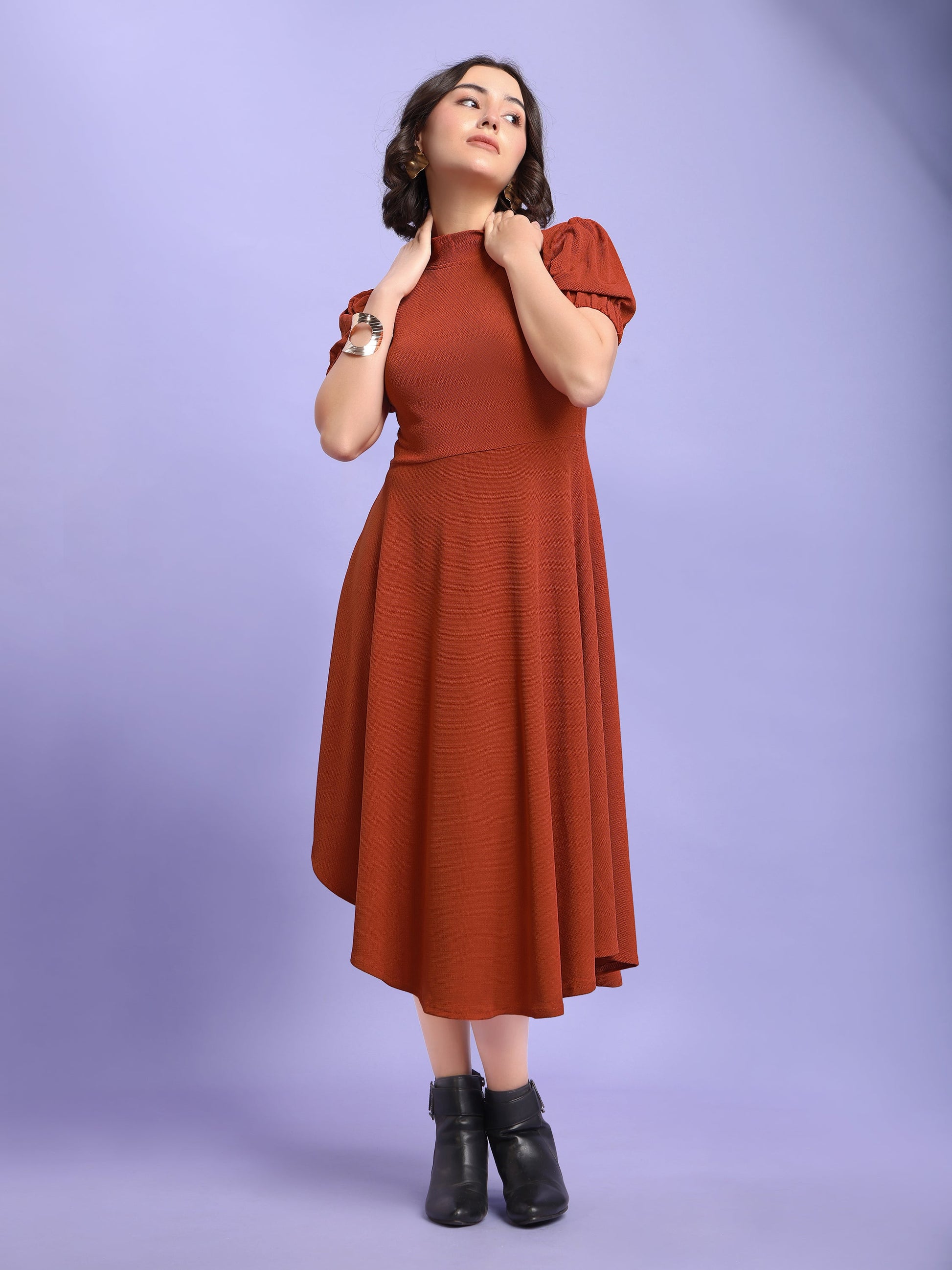 Asymmetric Knee Length Puff Sleeves High Neck Solid Dress