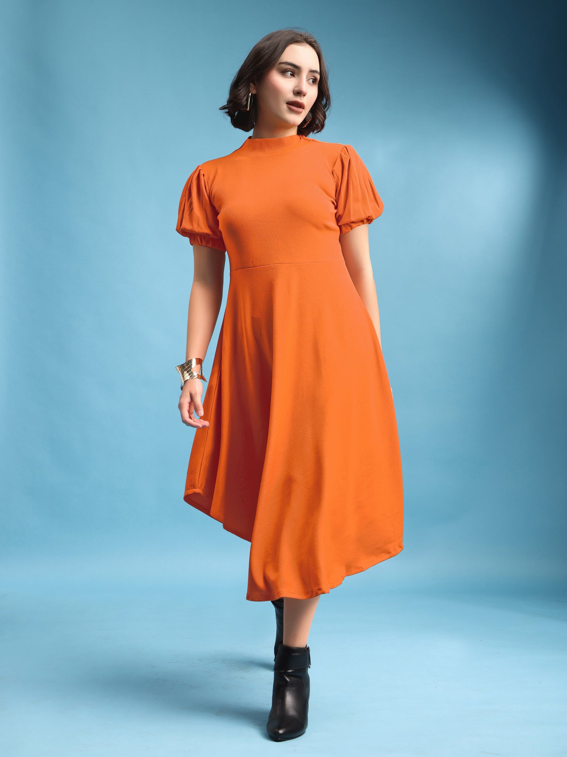Asymmetric Knee Length Puff Sleeves High Neck Solid Dress