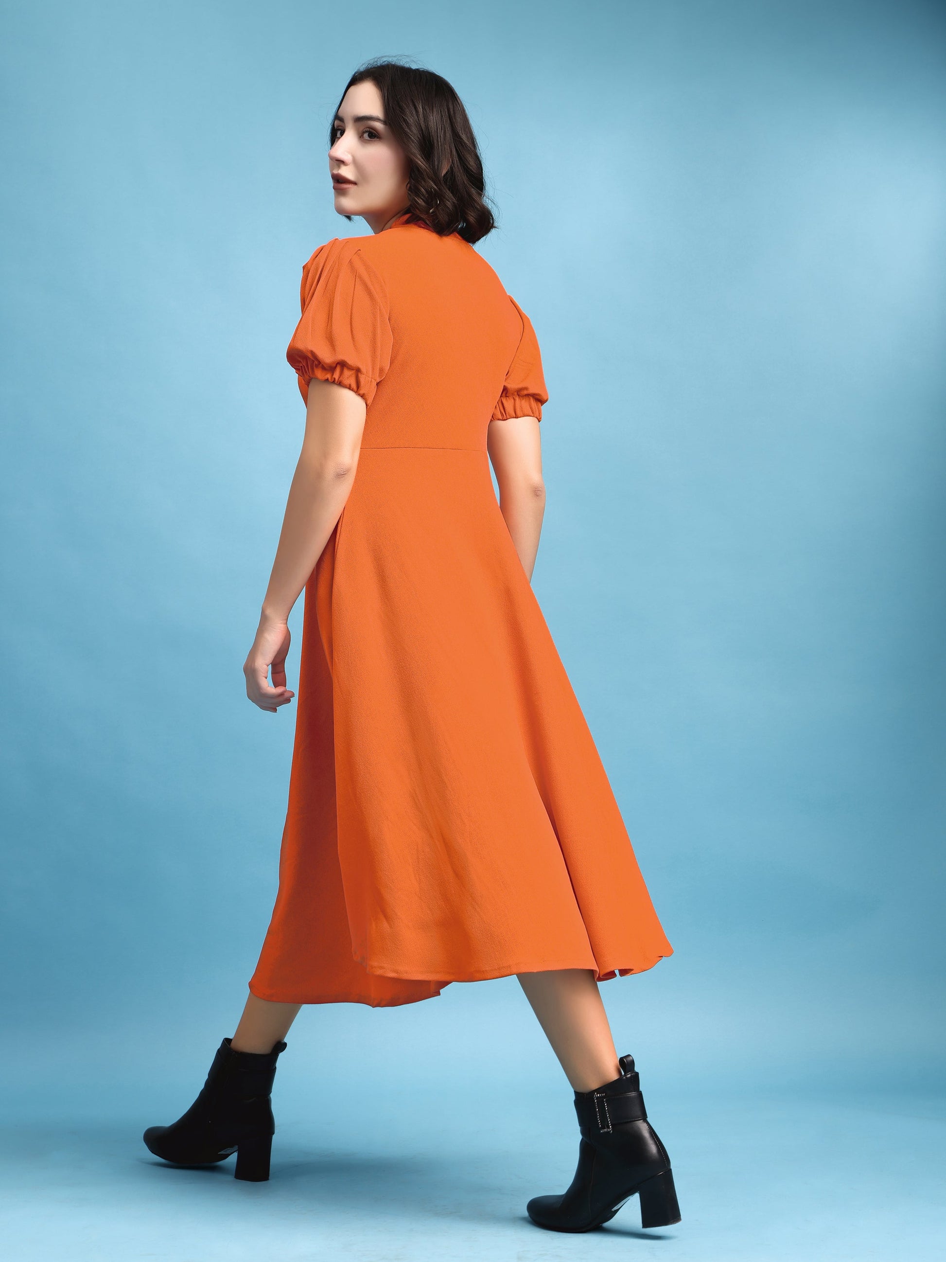 Asymmetric Knee Length Puff Sleeves High Neck Solid Dress