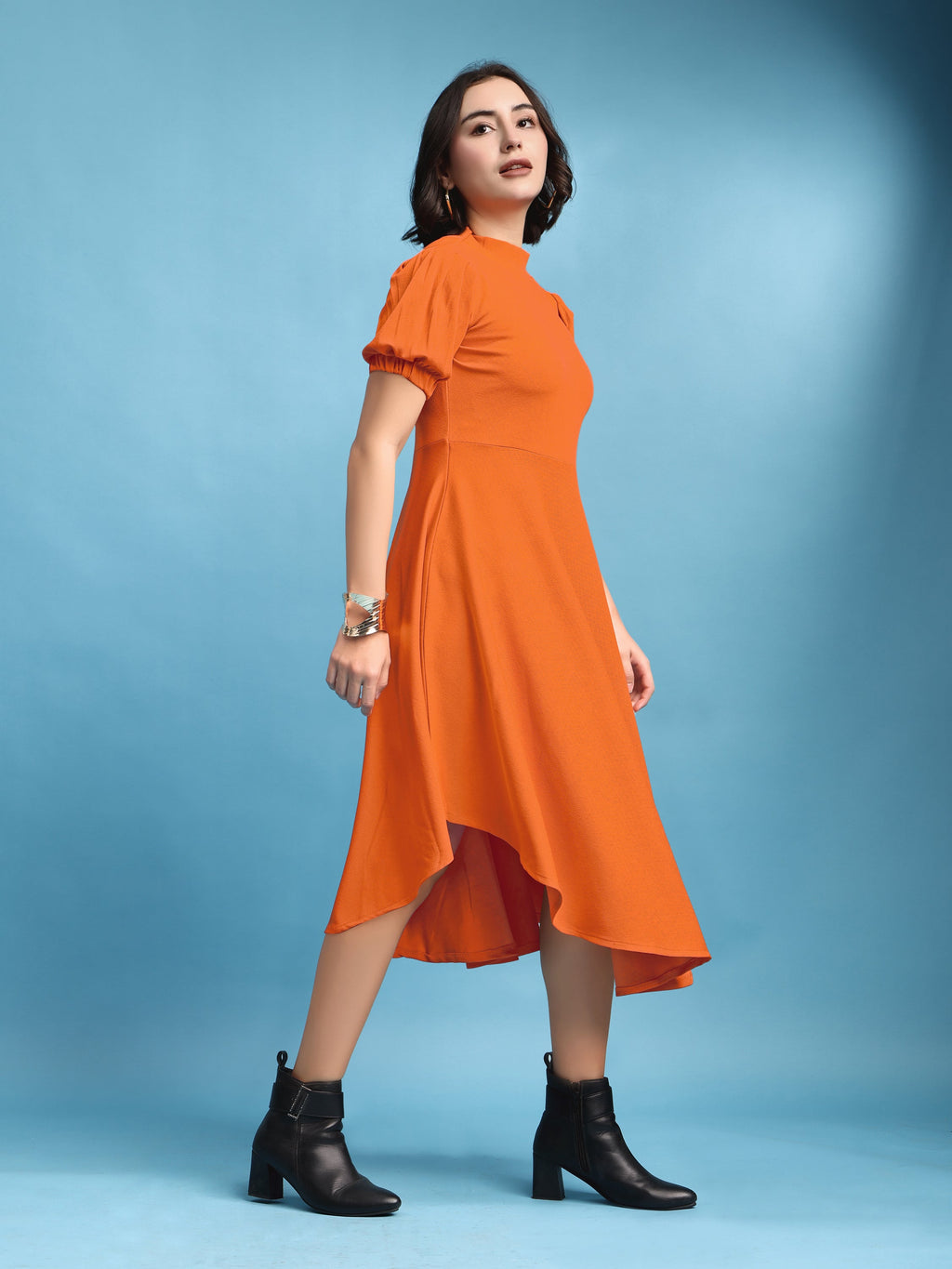 Asymmetric Knee Length Puff Sleeves High Neck Solid Dress