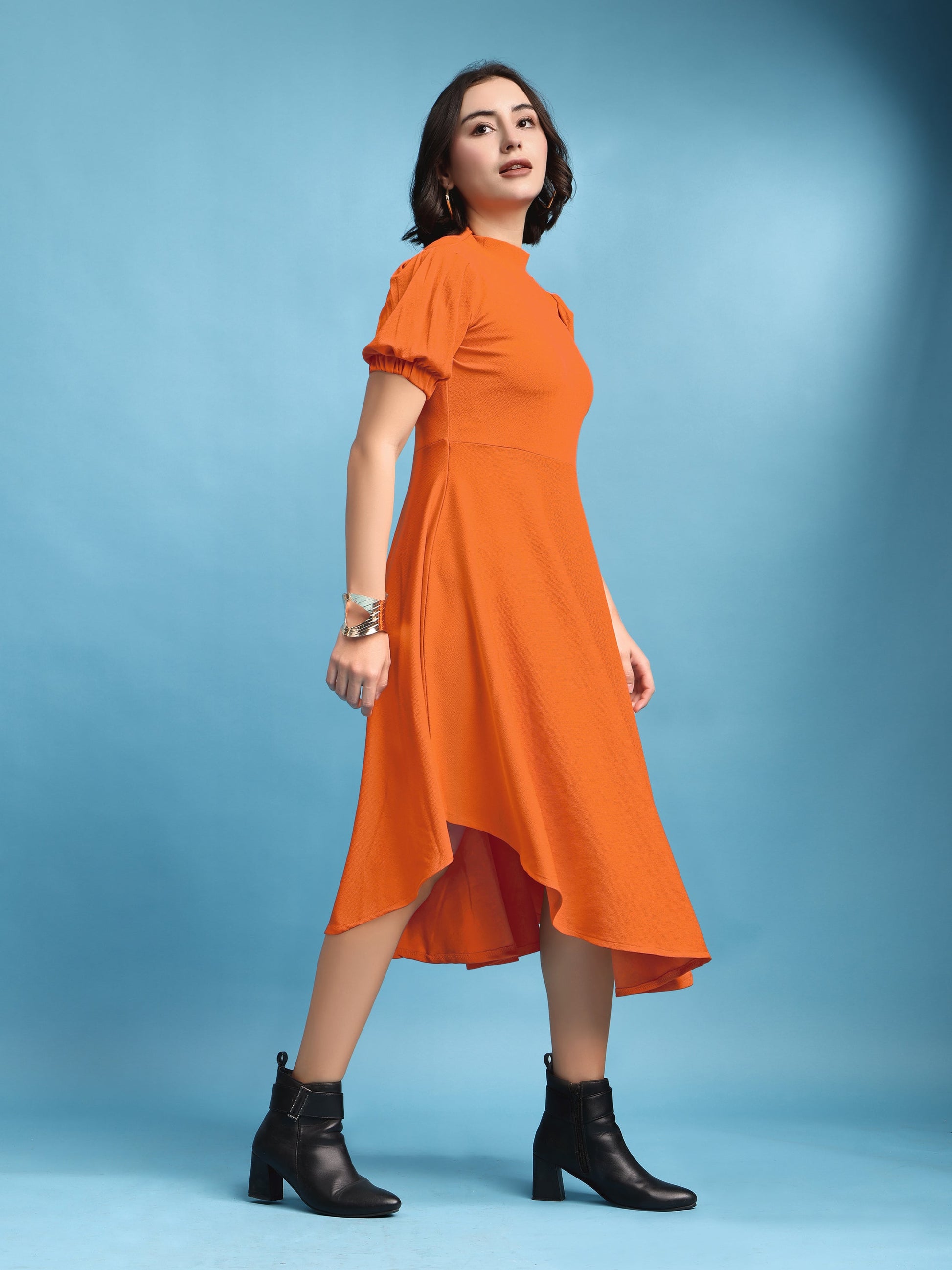 Asymmetric Knee Length Puff Sleeves High Neck Solid Dress