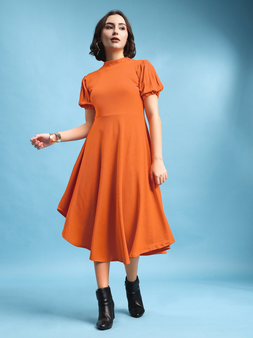 Asymmetric Knee Length Puff Sleeves High Neck Solid Dress