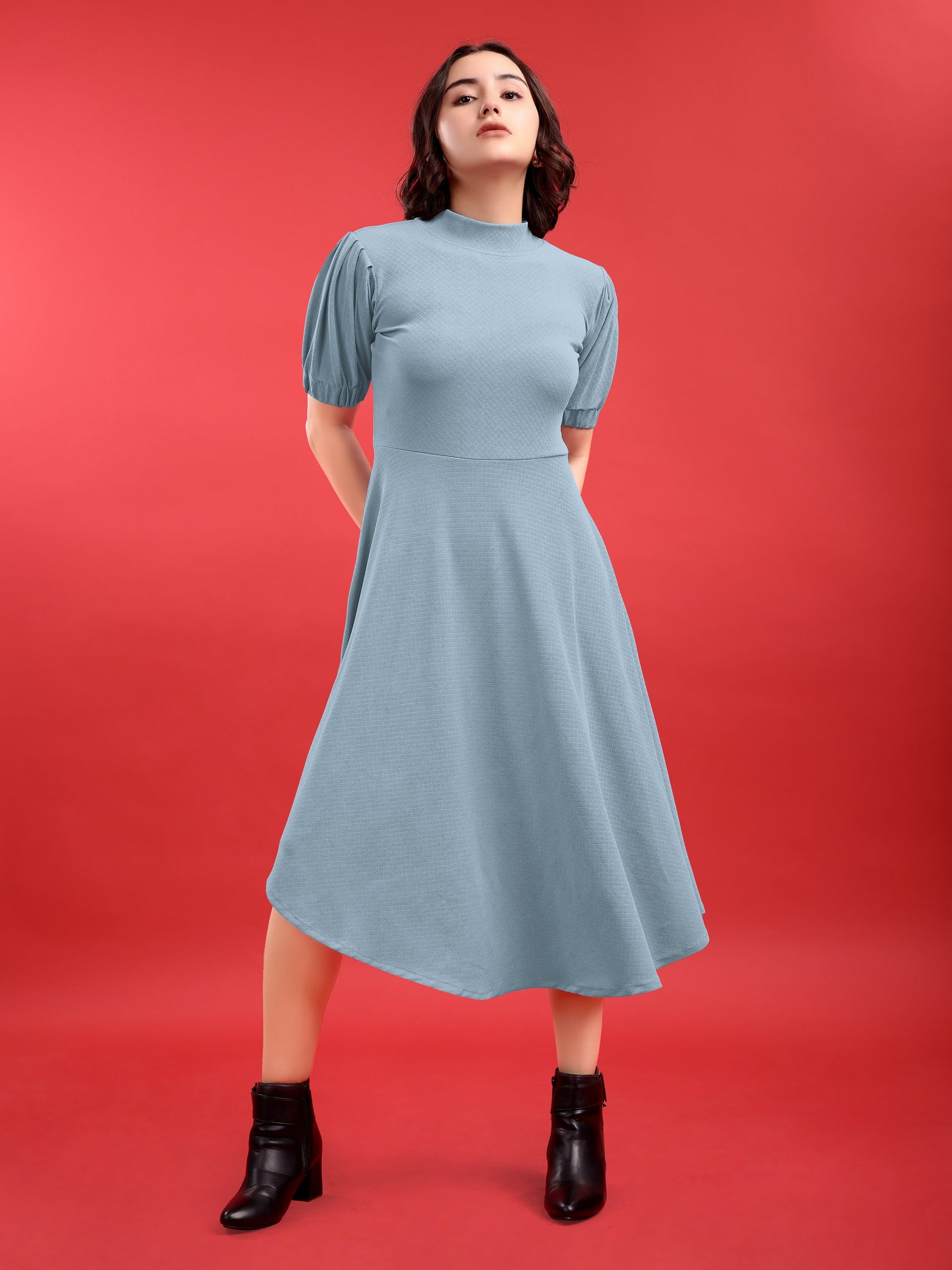 Asymmetric Knee Length Puff Sleeves High Neck Solid Dress