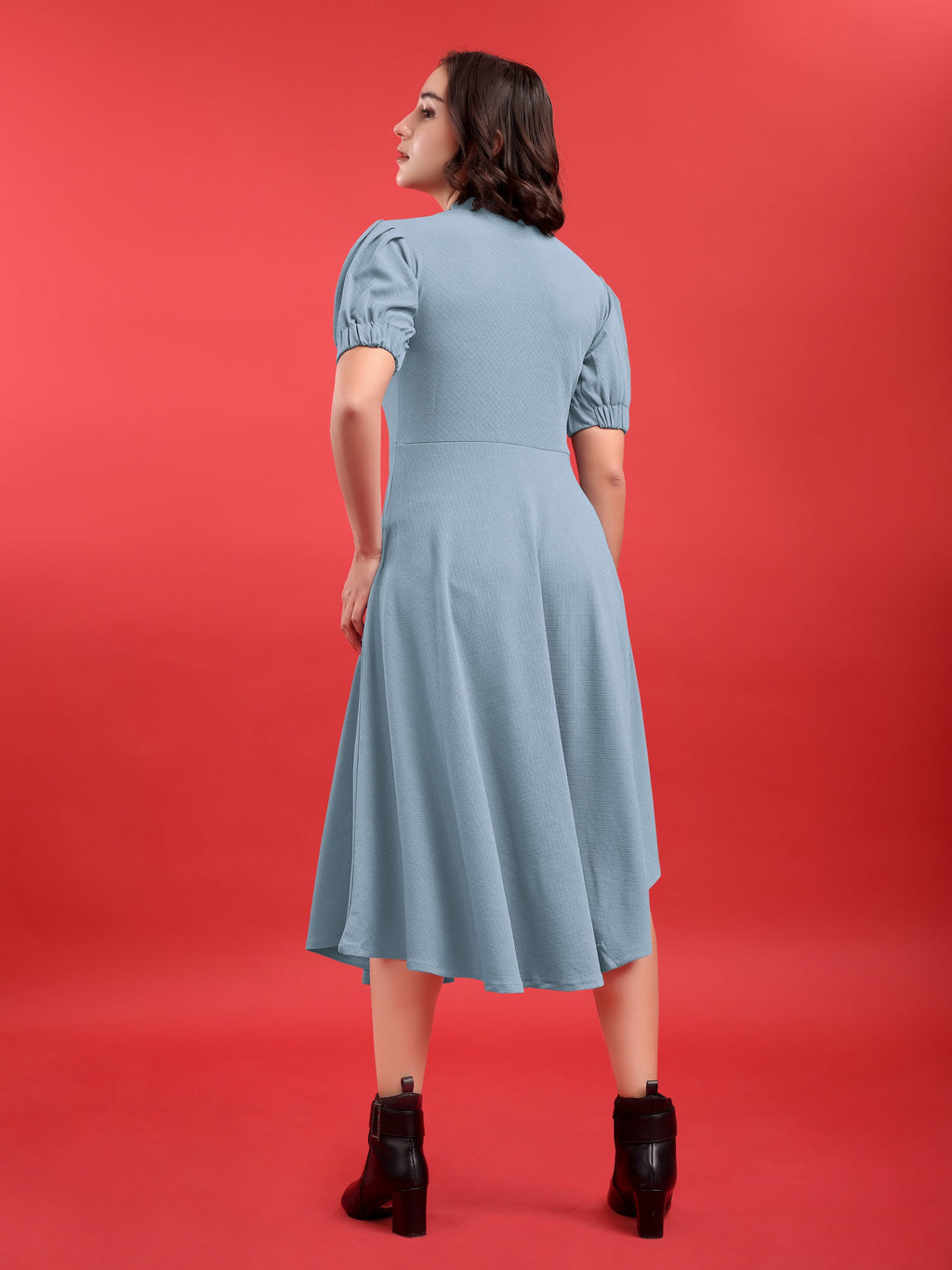 Asymmetric Knee Length Puff Sleeves High Neck Solid Dress