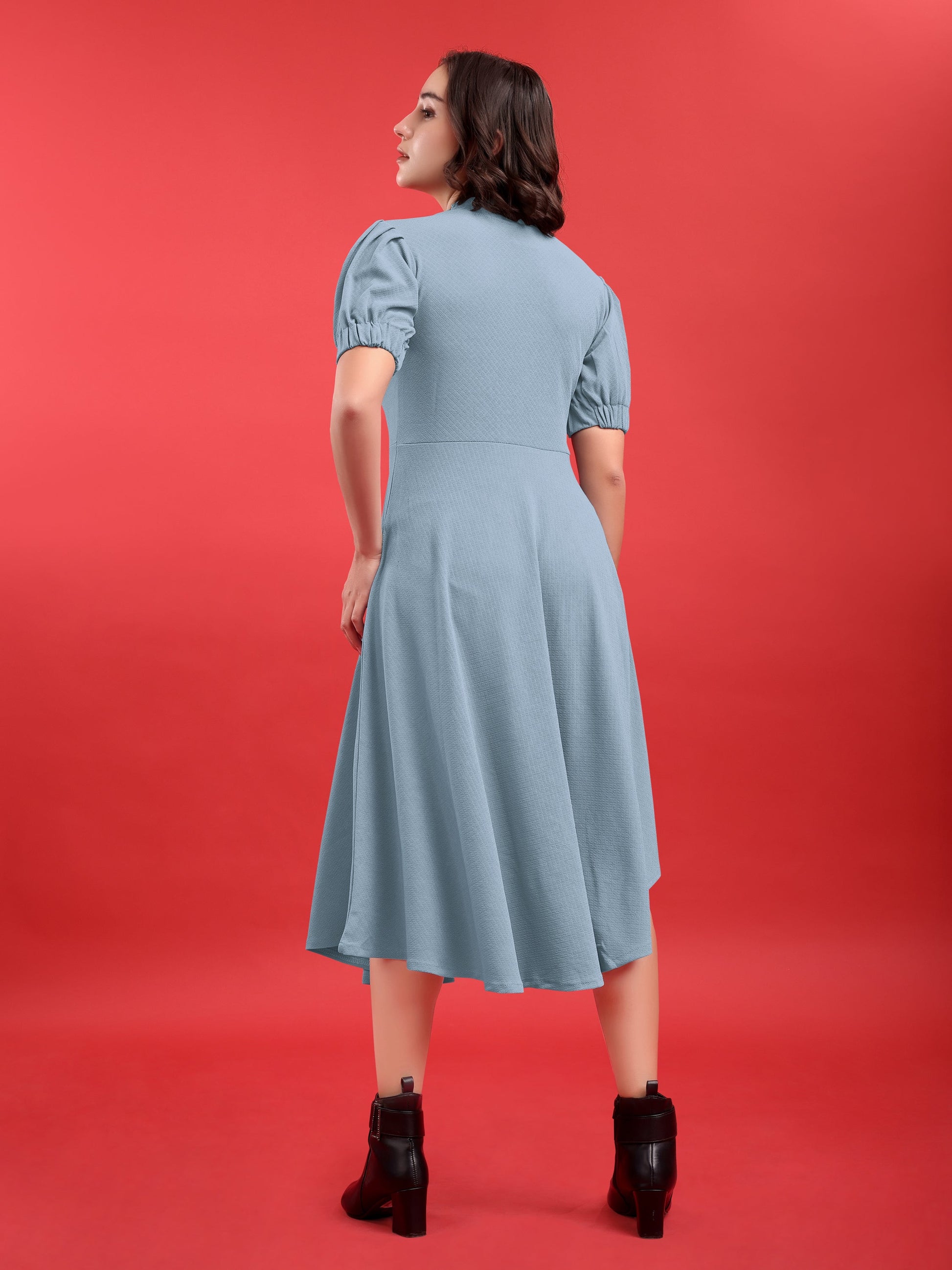 Asymmetric Knee Length Puff Sleeves High Neck Solid Dress