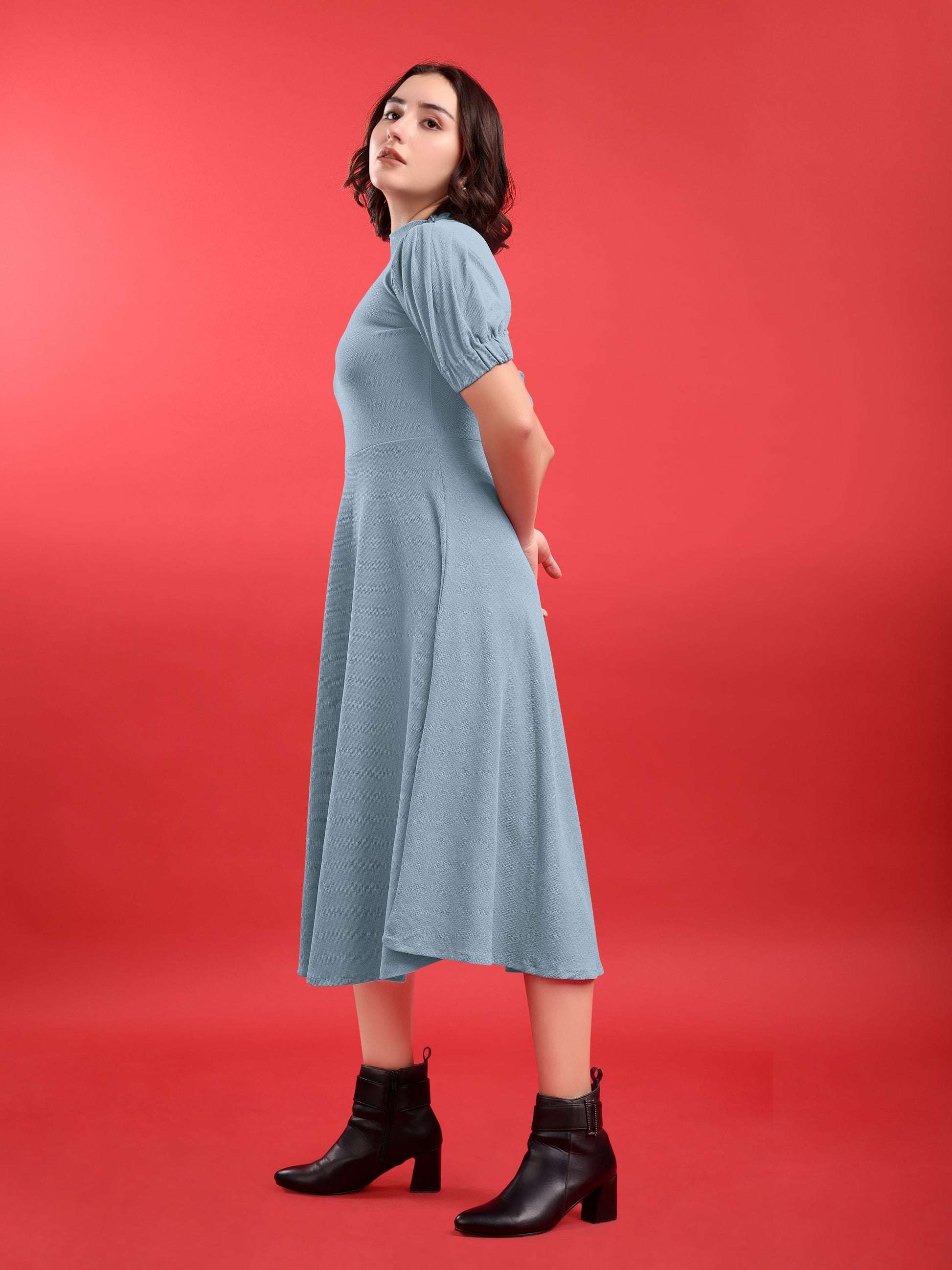 Asymmetric Knee Length Puff Sleeves High Neck Solid Dress