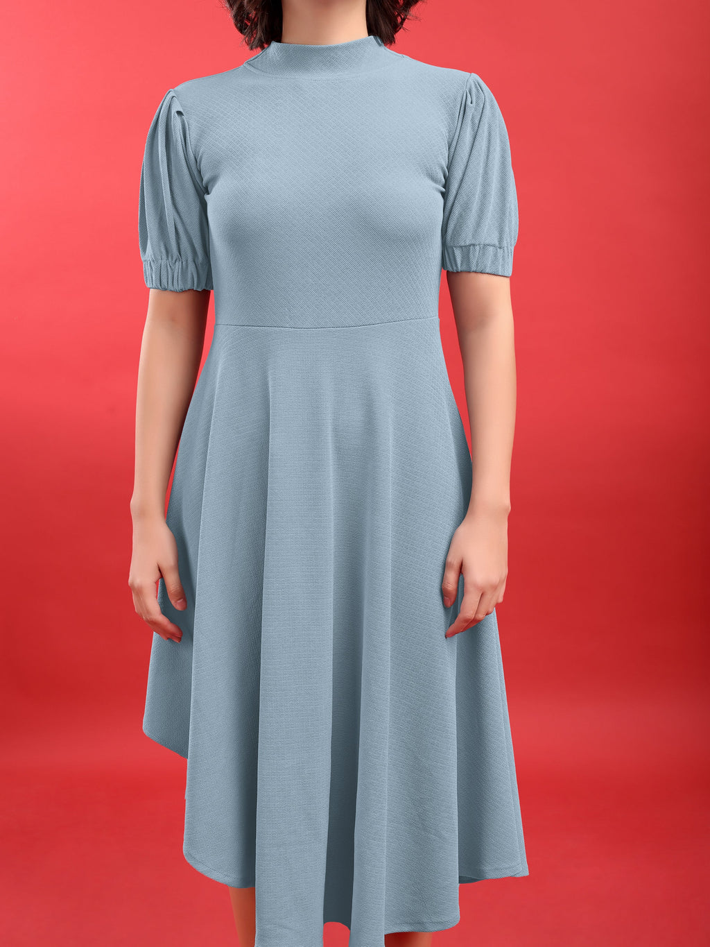 Asymmetric Knee Length Puff Sleeves High Neck Solid Dress