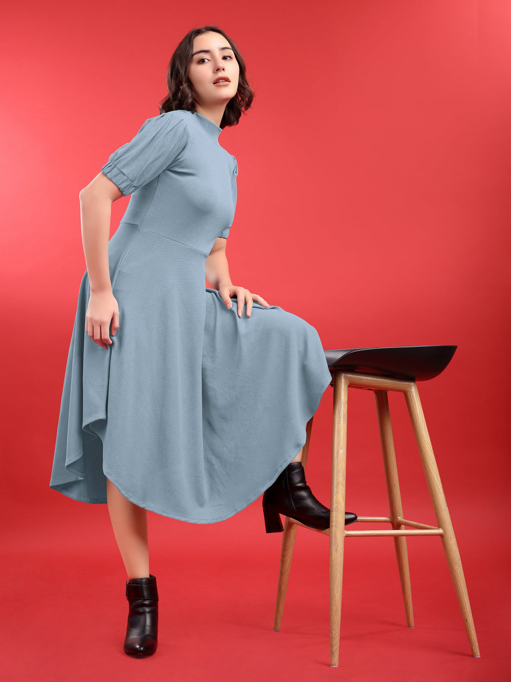 Asymmetric Knee Length Puff Sleeves High Neck Solid Dress