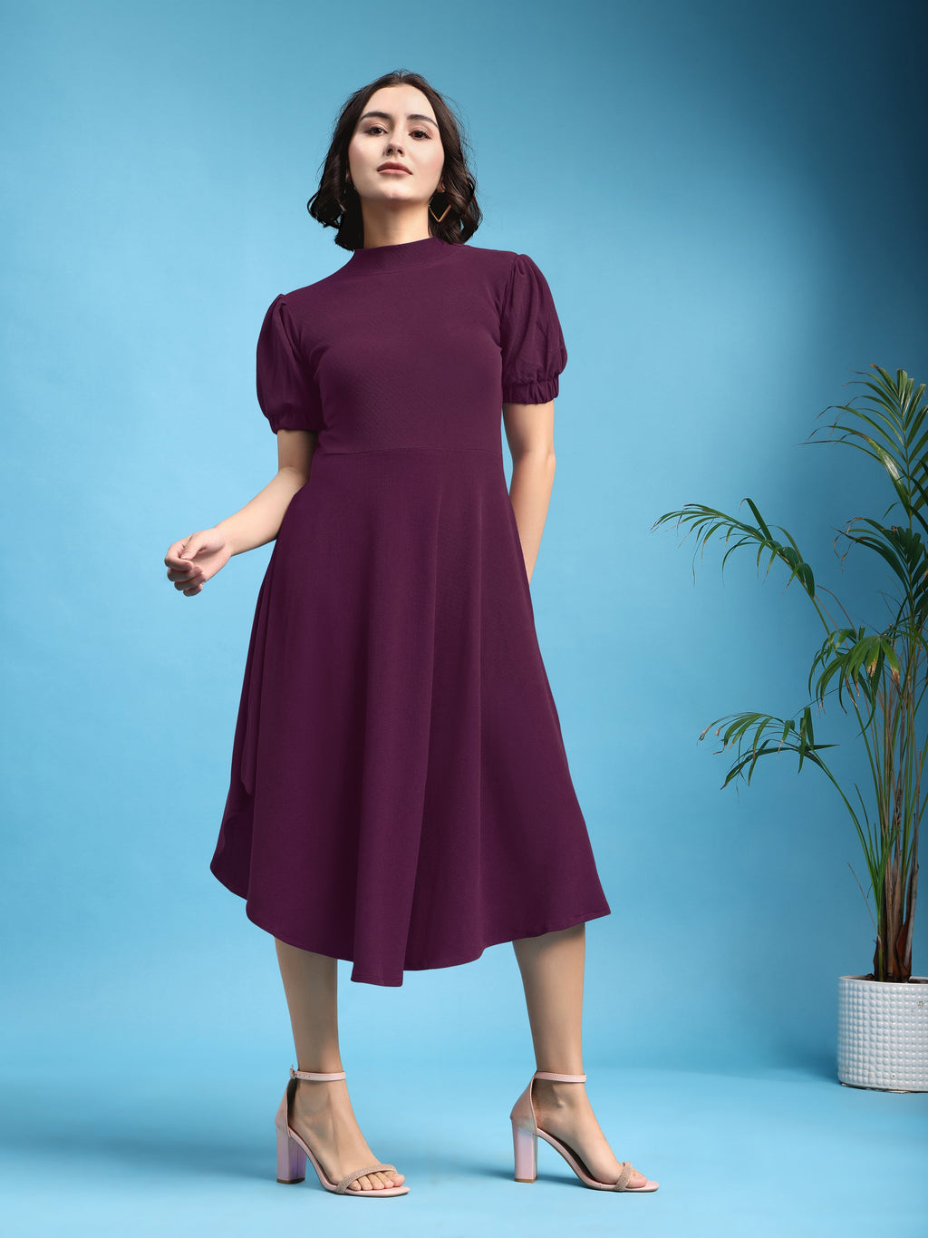 Asymmetric Knee Length Puff Sleeves High Neck Solid Dress