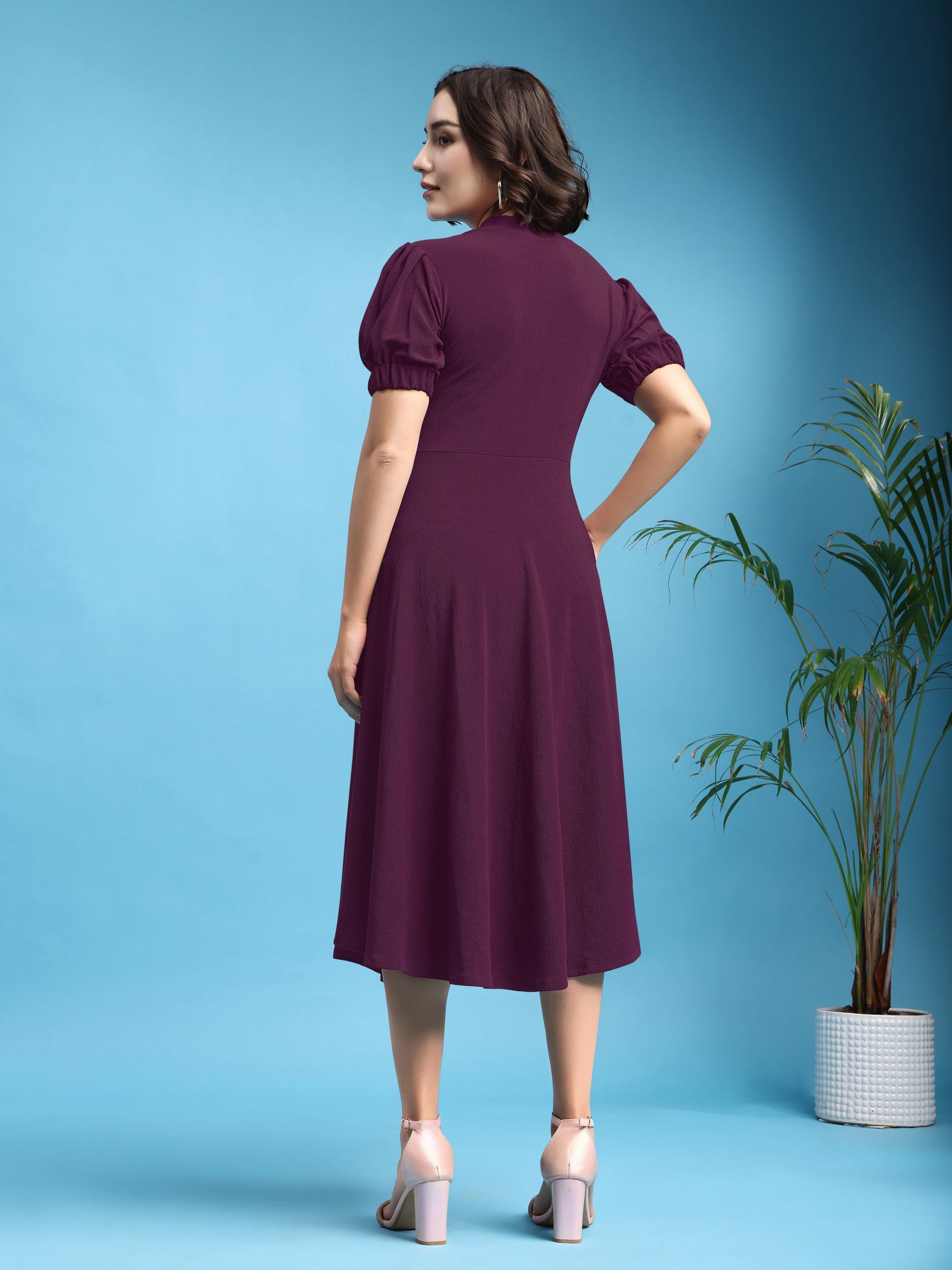 Asymmetric Knee Length Puff Sleeves High Neck Solid Dress