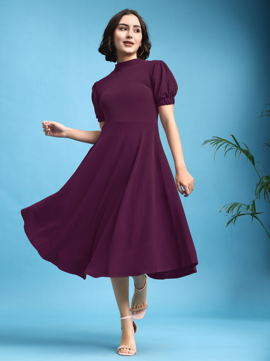 Asymmetric Knee Length Puff Sleeves High Neck Solid Dress