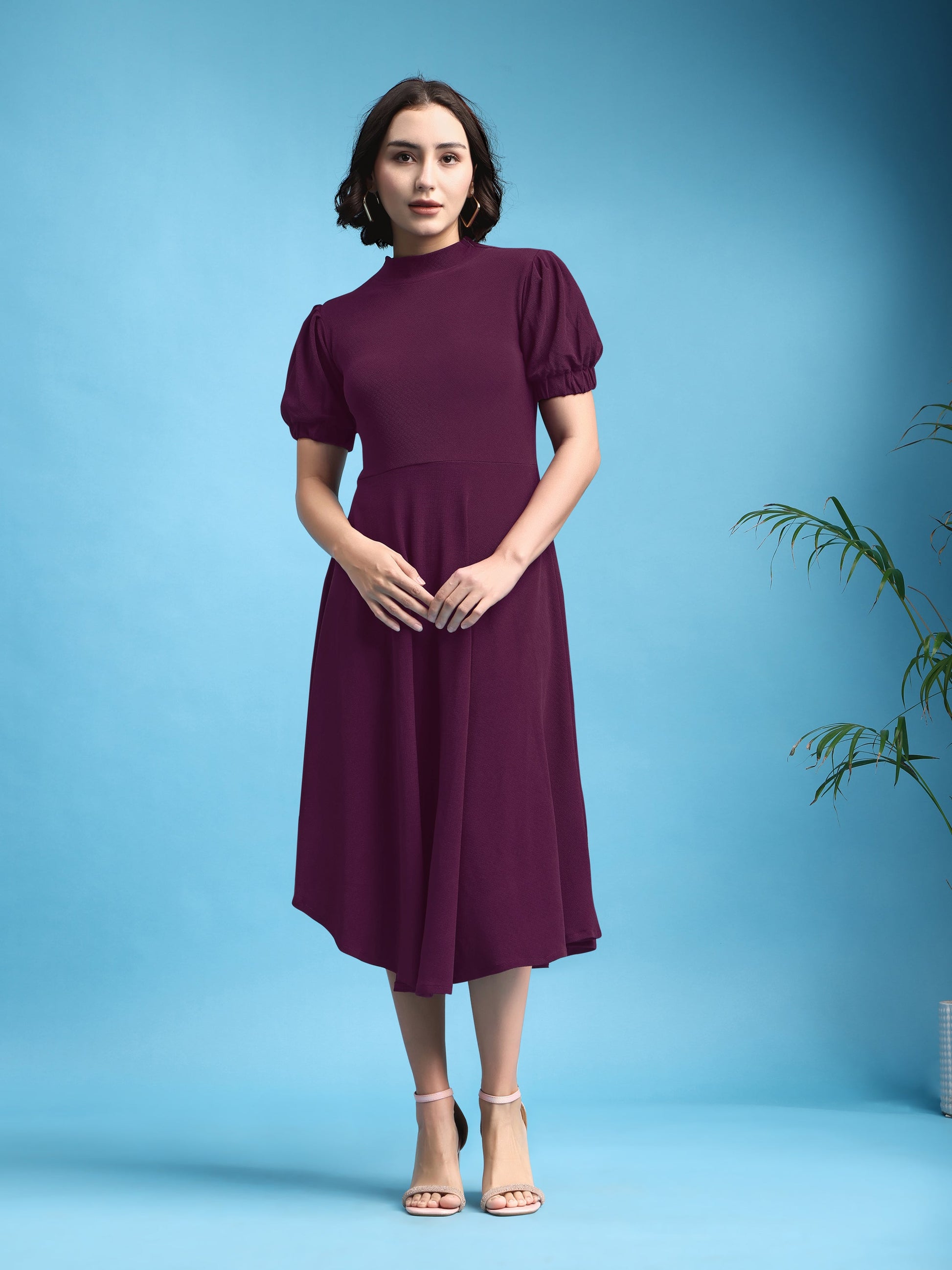 Asymmetric Knee Length Puff Sleeves High Neck Solid Dress