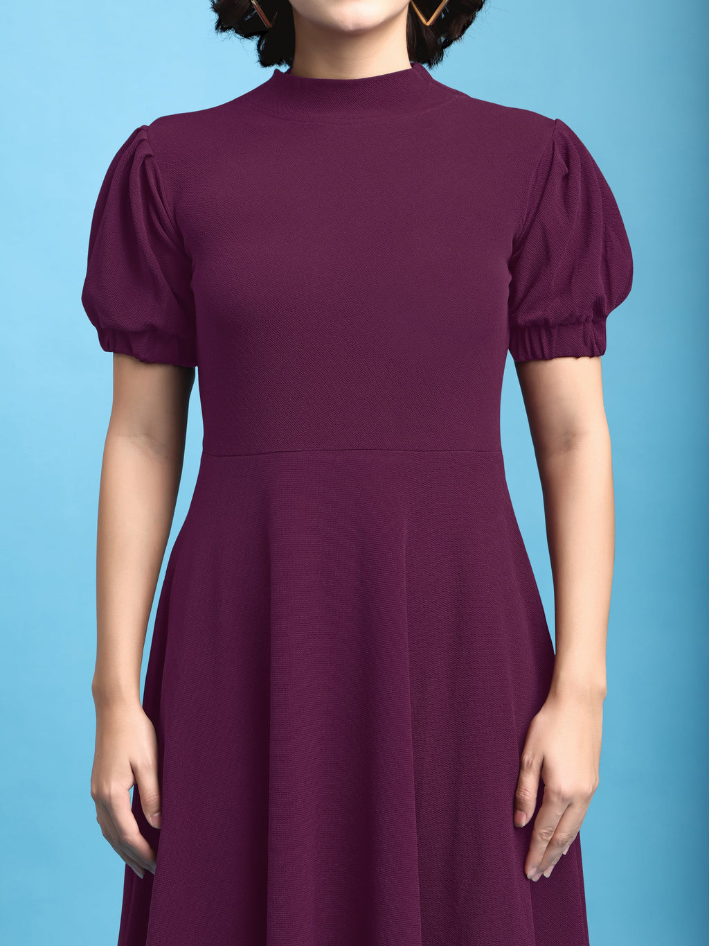 Asymmetric Knee Length Puff Sleeves High Neck Solid Dress