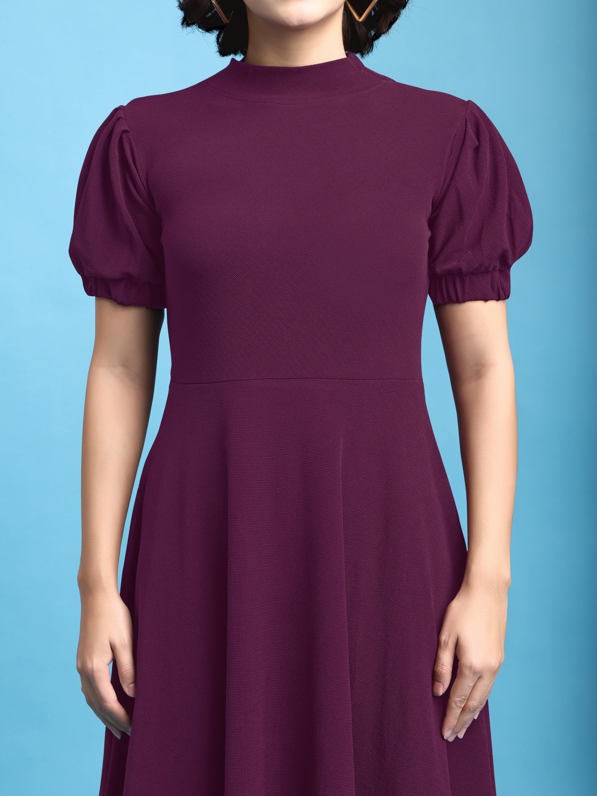 Asymmetric Knee Length Puff Sleeves High Neck Solid Dress