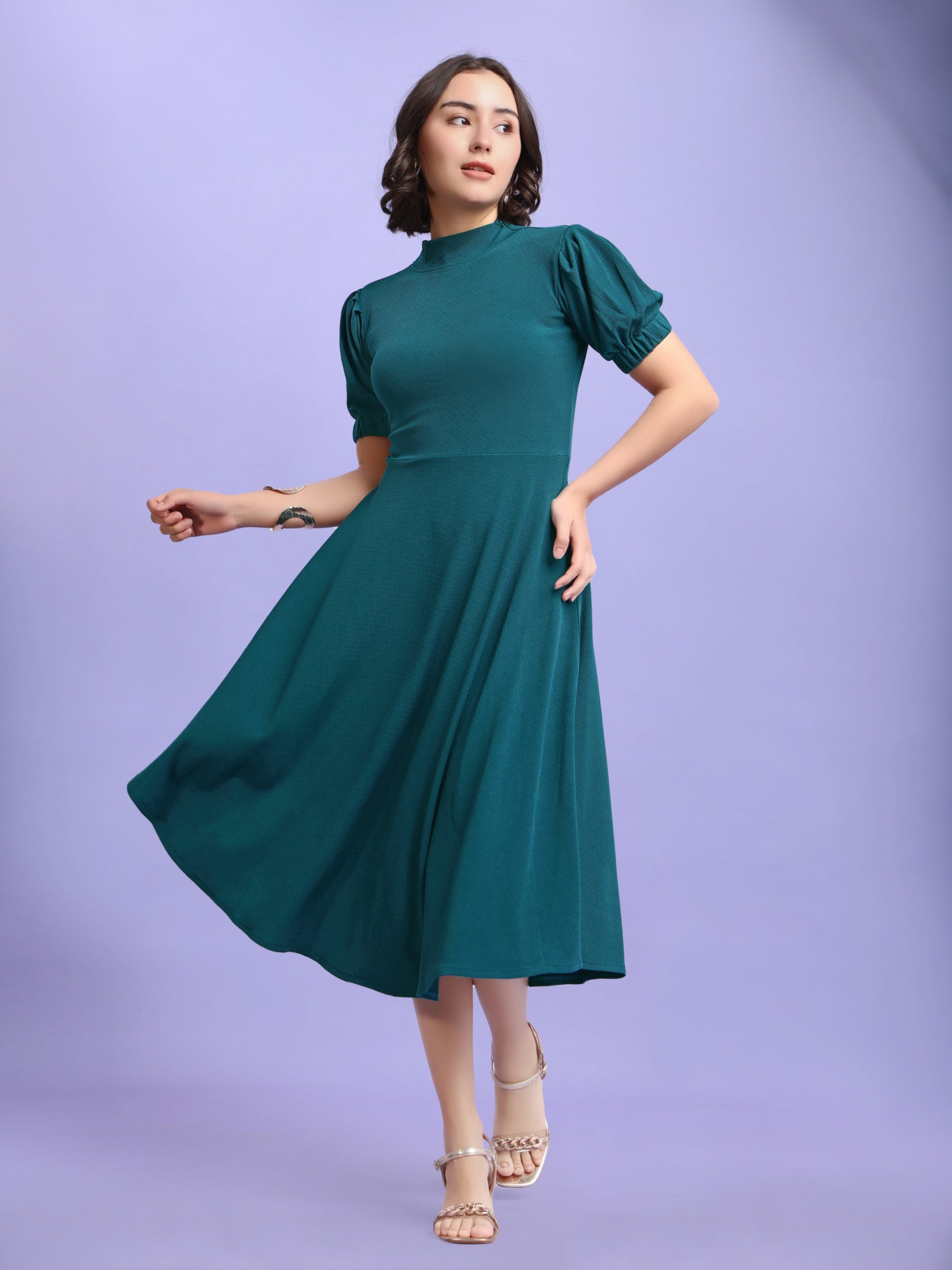 Asymmetric Knee Length Puff Sleeves High Neck Solid Dress