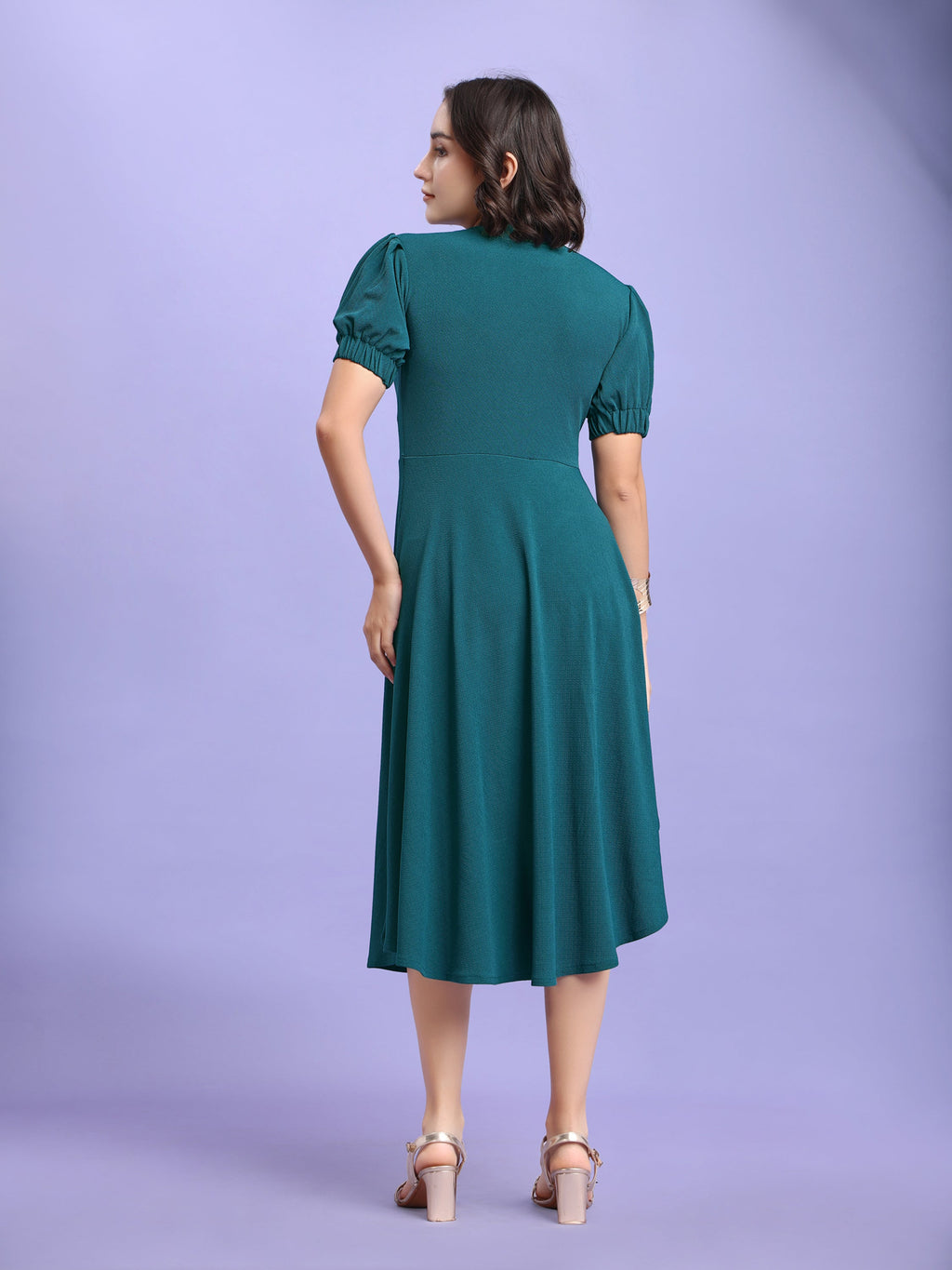 Asymmetric Knee Length Puff Sleeves High Neck Solid Dress