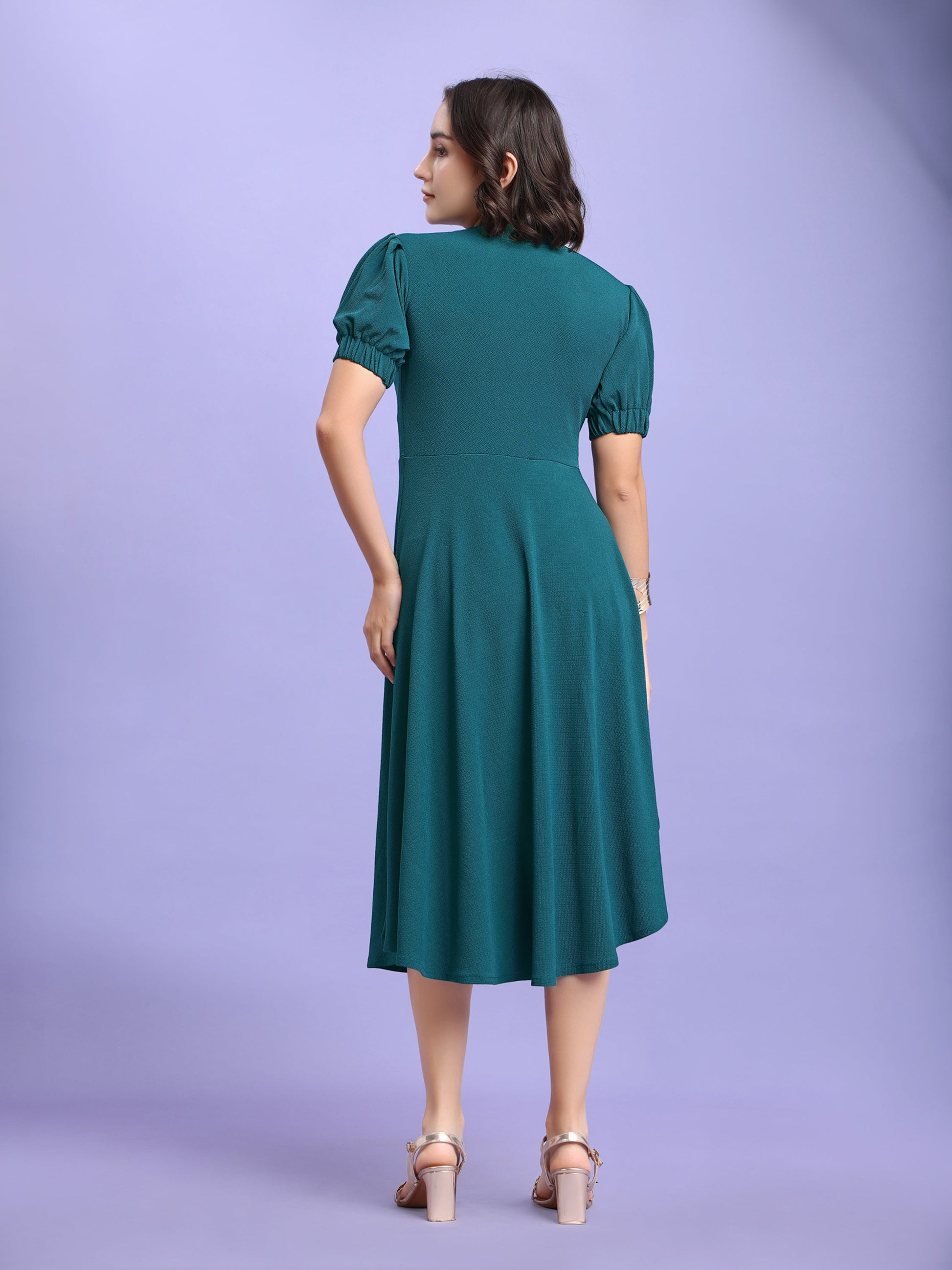 Asymmetric Knee Length Puff Sleeves High Neck Solid Dress