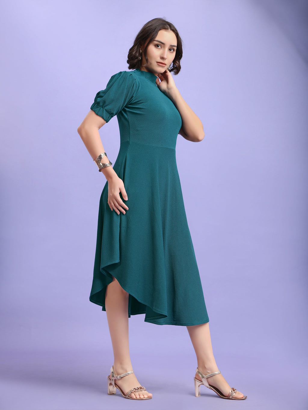 Asymmetric Knee Length Puff Sleeves High Neck Solid Dress