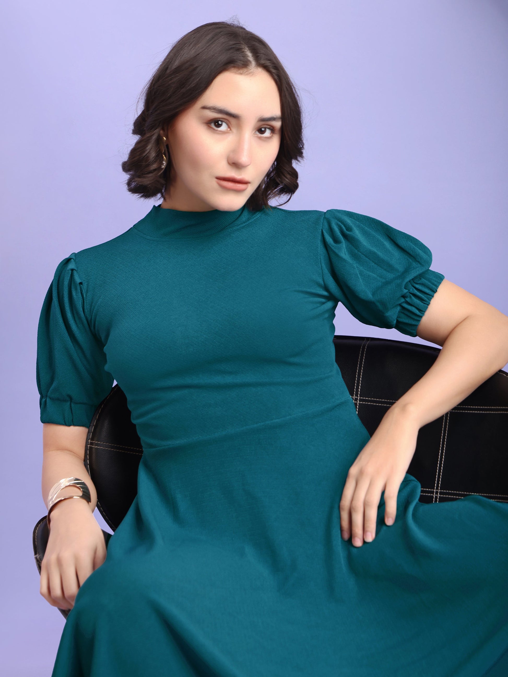 Asymmetric Knee Length Puff Sleeves High Neck Solid Dress