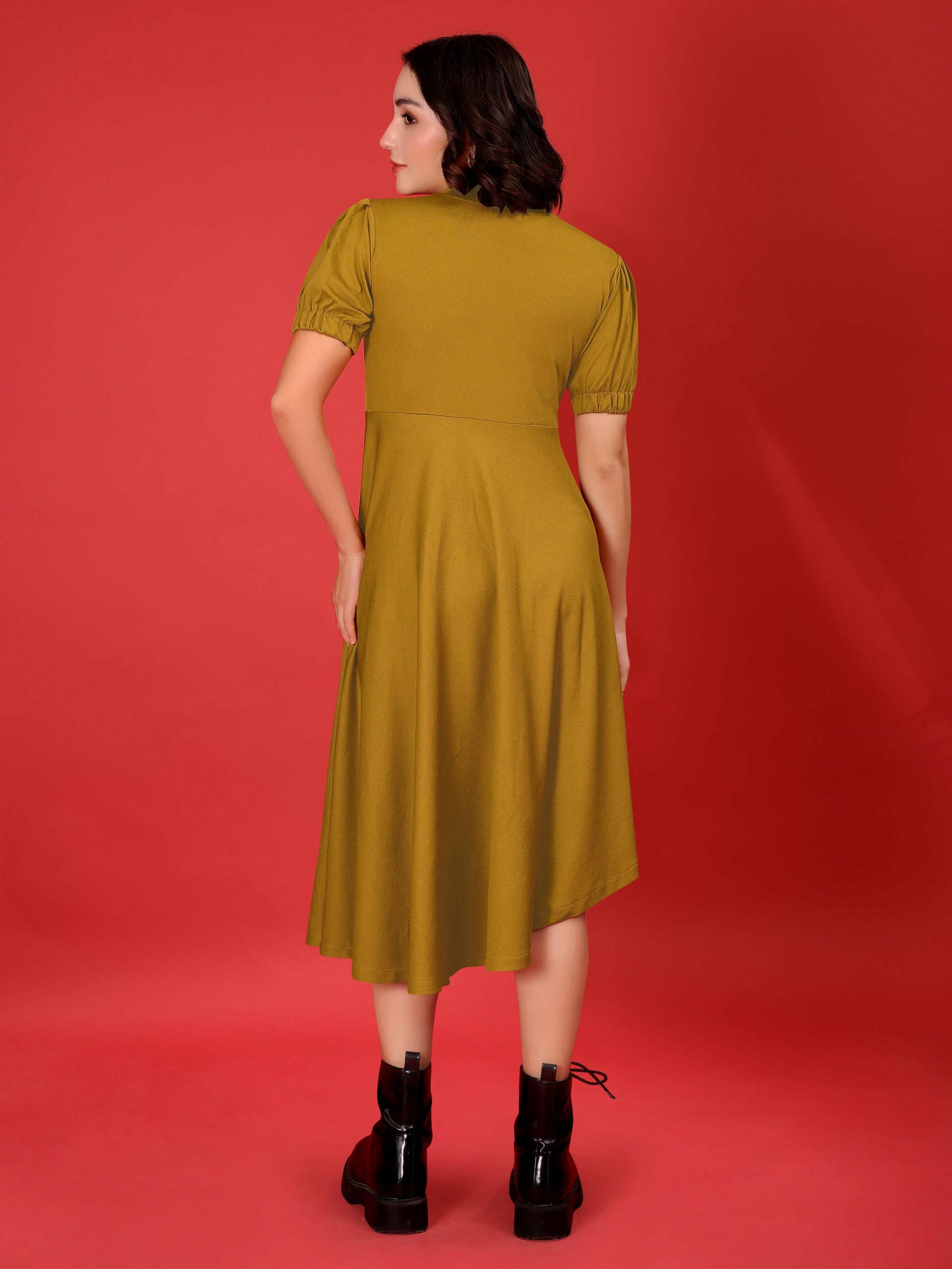 Asymmetric Knee Length Puff Sleeves High Neck Solid Dress